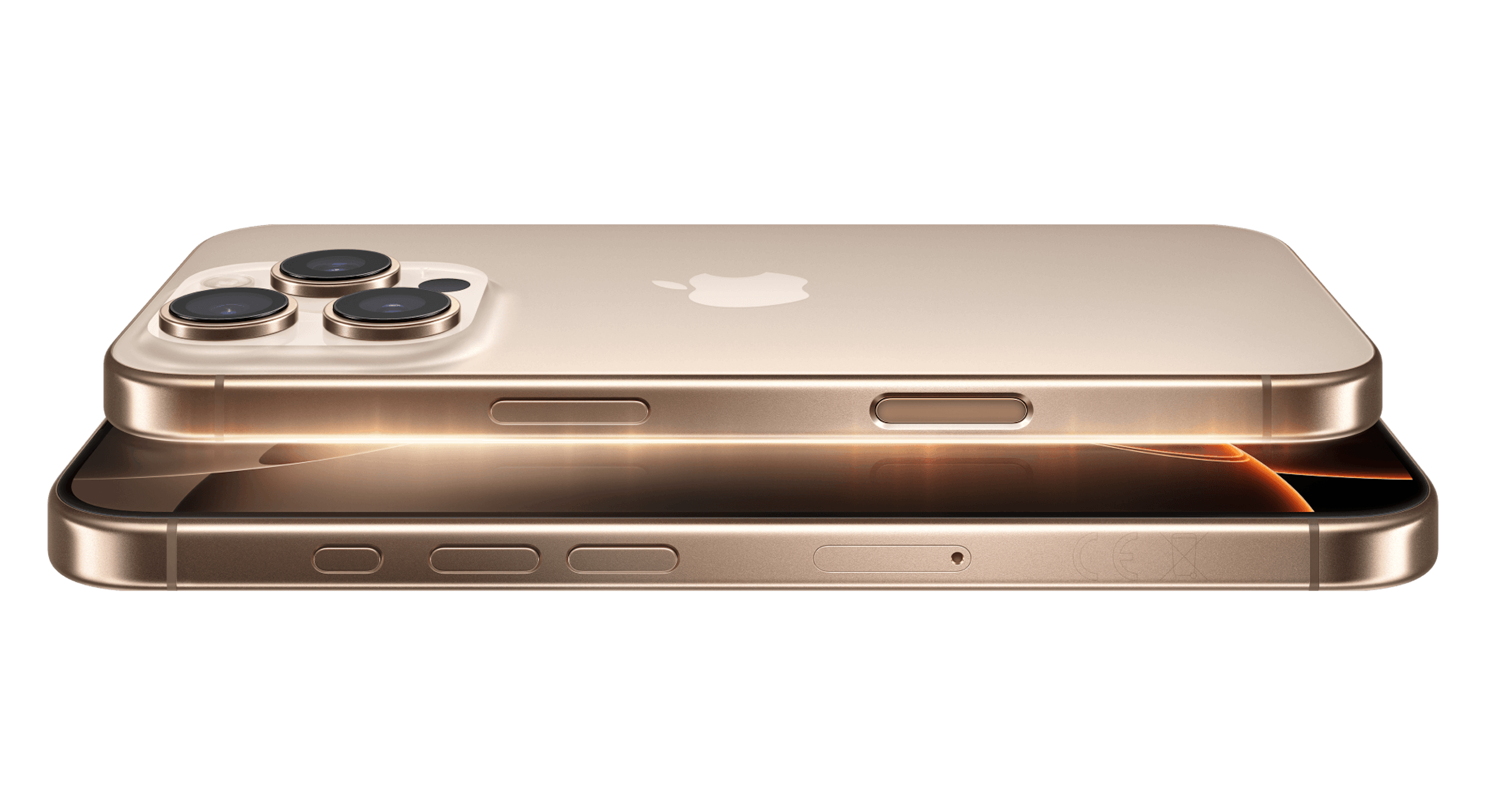 Seitliche Ansicht Apple iPhone 16 Pro Titan Wüstensand.
