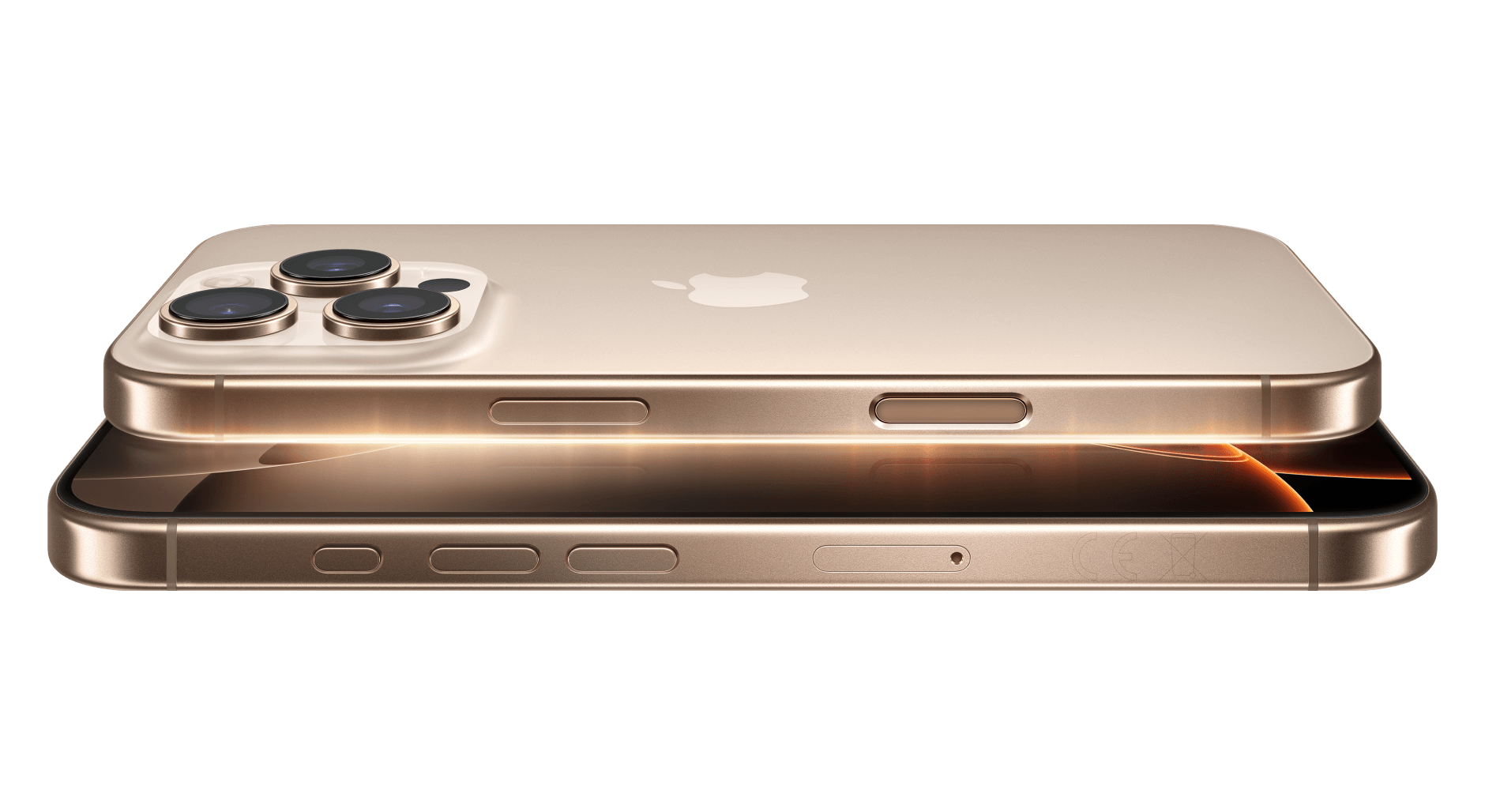 Seitliche Ansicht Apple iPhone 16 Pro Titan Wüstensand.