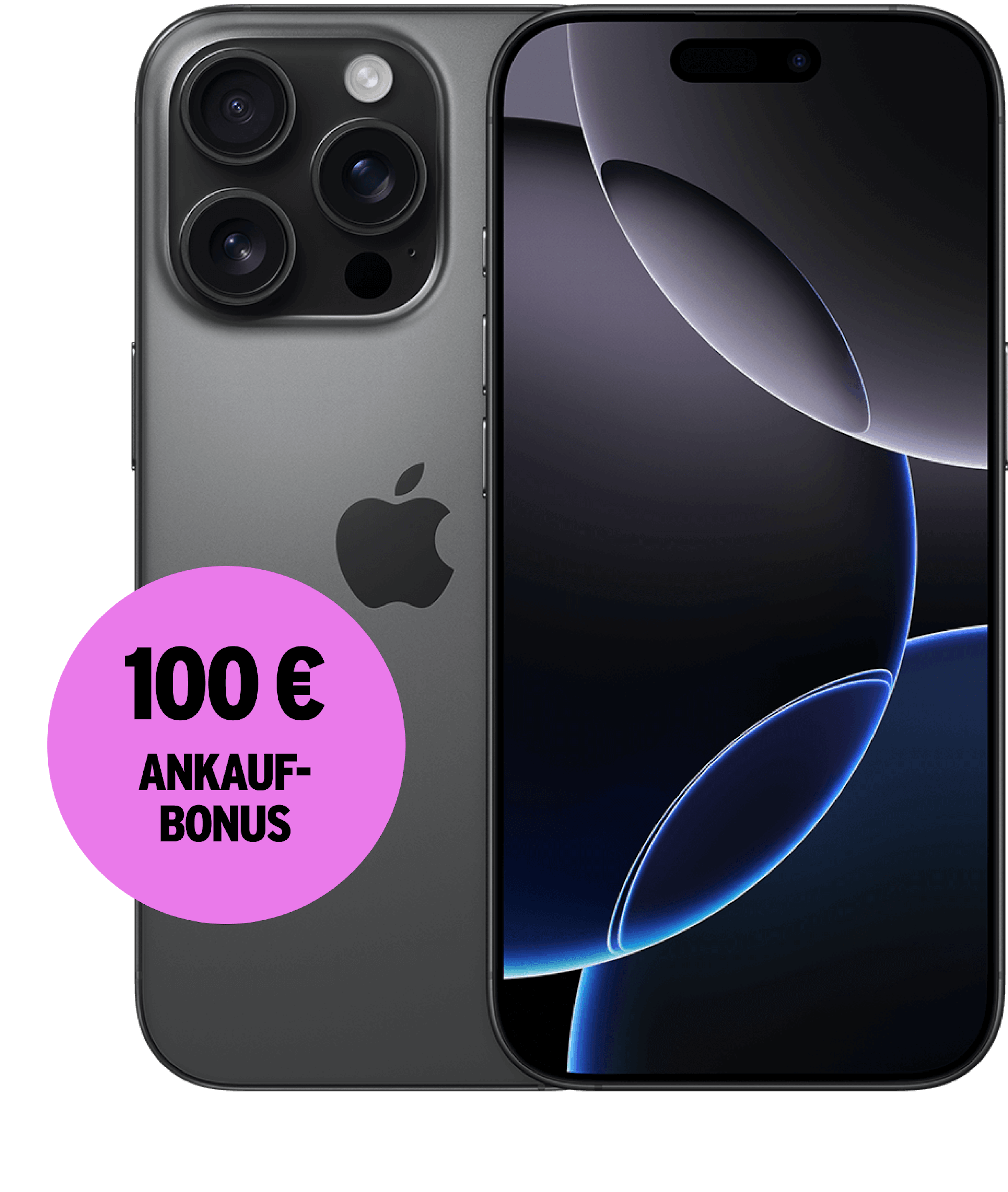Vorder- und Rückansicht Apple iPhone 16 Pro Titan Schwarz. Aktion 100 € Ankaufbonus.