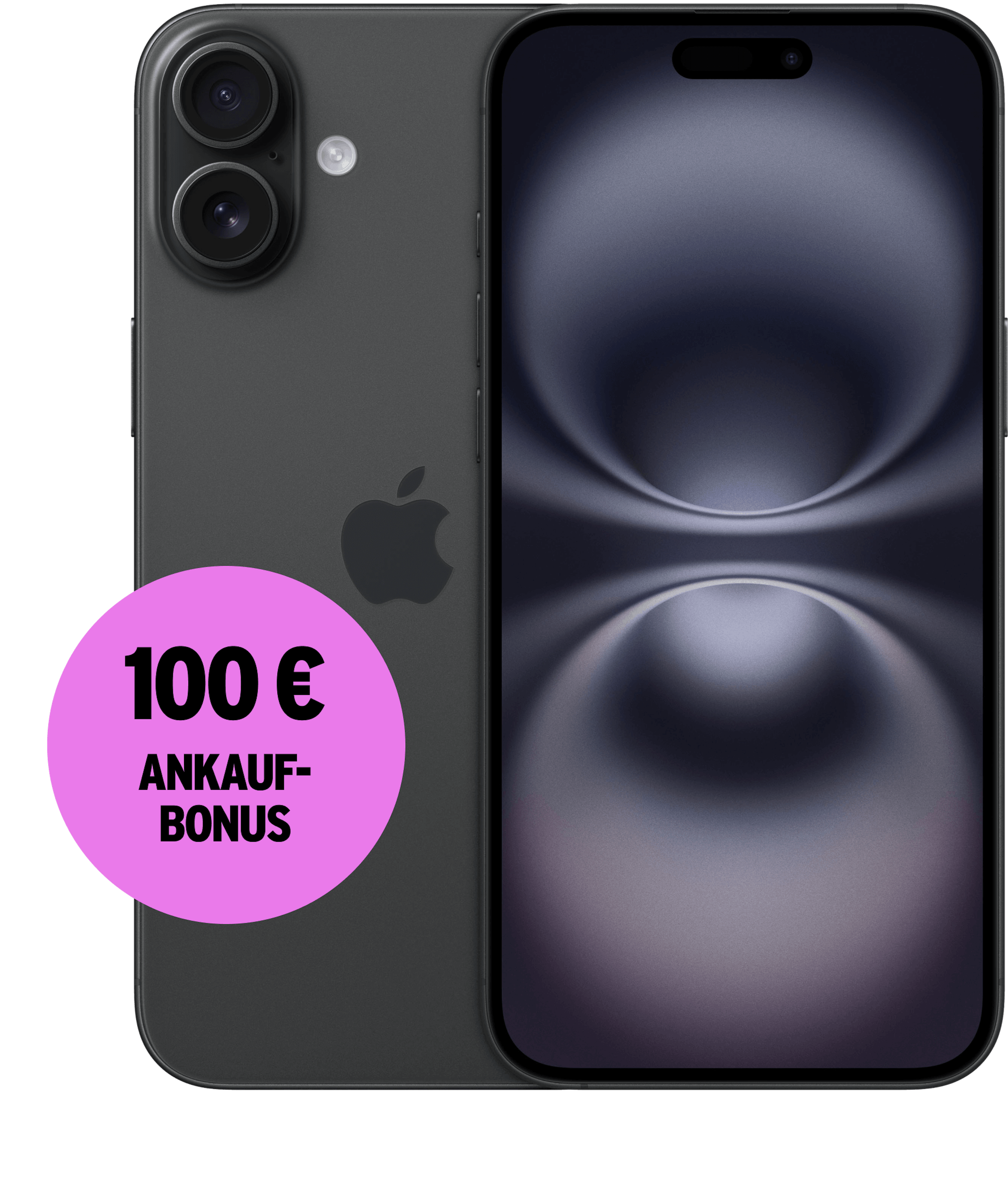 Vorder- und Rückansicht Apple iPhone 16 Plus Schwarz. Aktion 100 € Ankaufbonus.