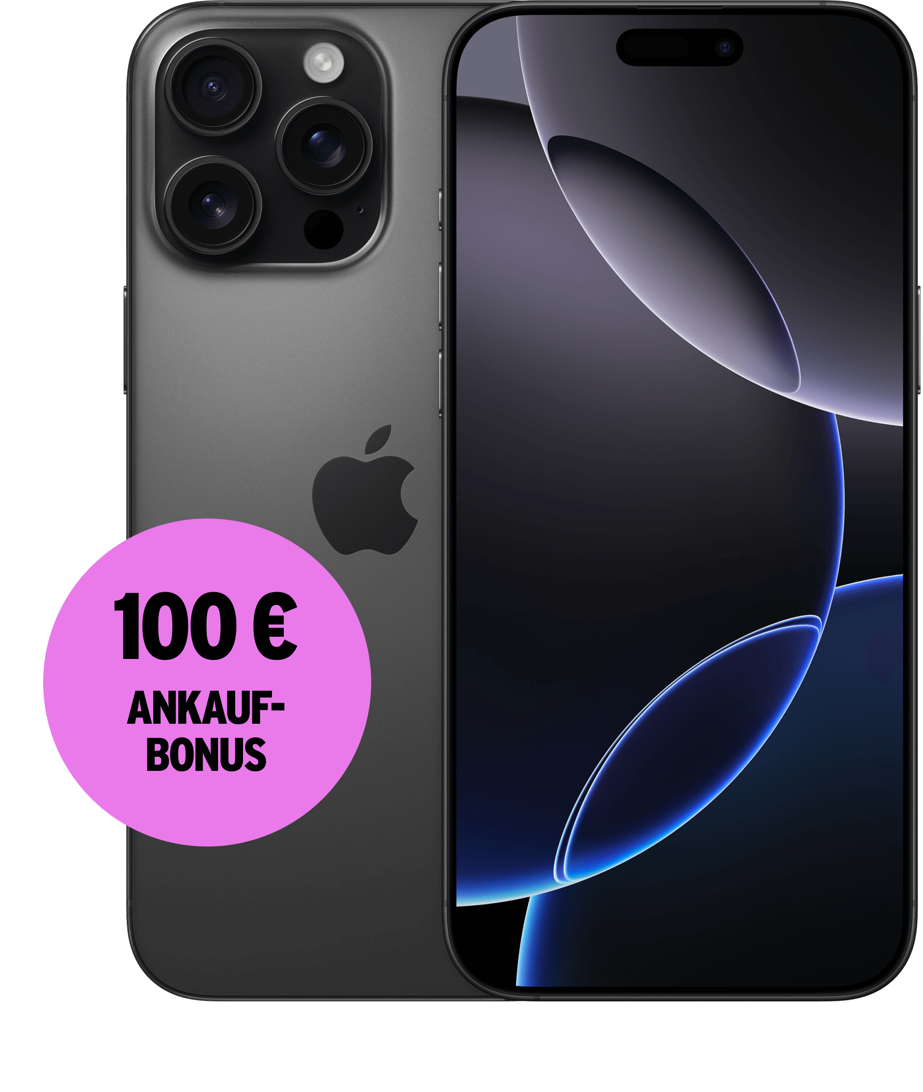Vorder- und Rückansicht Apple iPhone 16 Pro Max Titan Schwarz. Aktion 100 € Ankaufbonus.