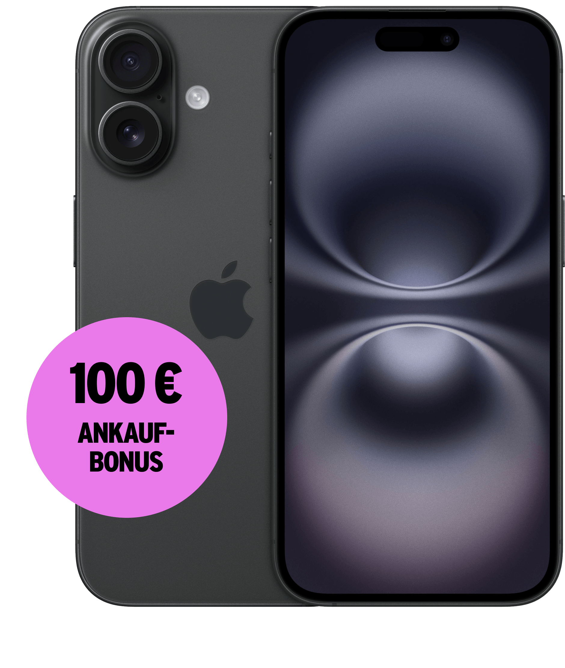 Vorder- und Rückansicht Apple iPhone 16 Schwarz. Aktion 100 € Ankaufbonus.