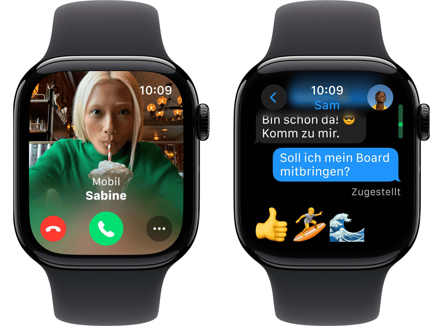 Zwei Vorderansichten Apple Watch 10 42mm.