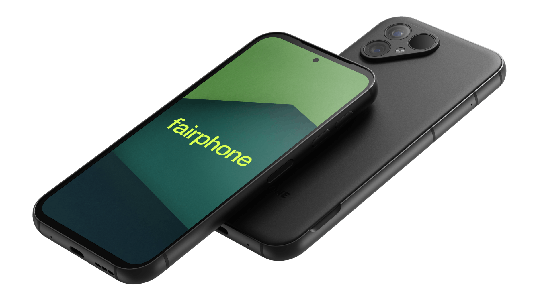 Schräge Vorder- und Rückansicht Fairphone 5 Schwarz.