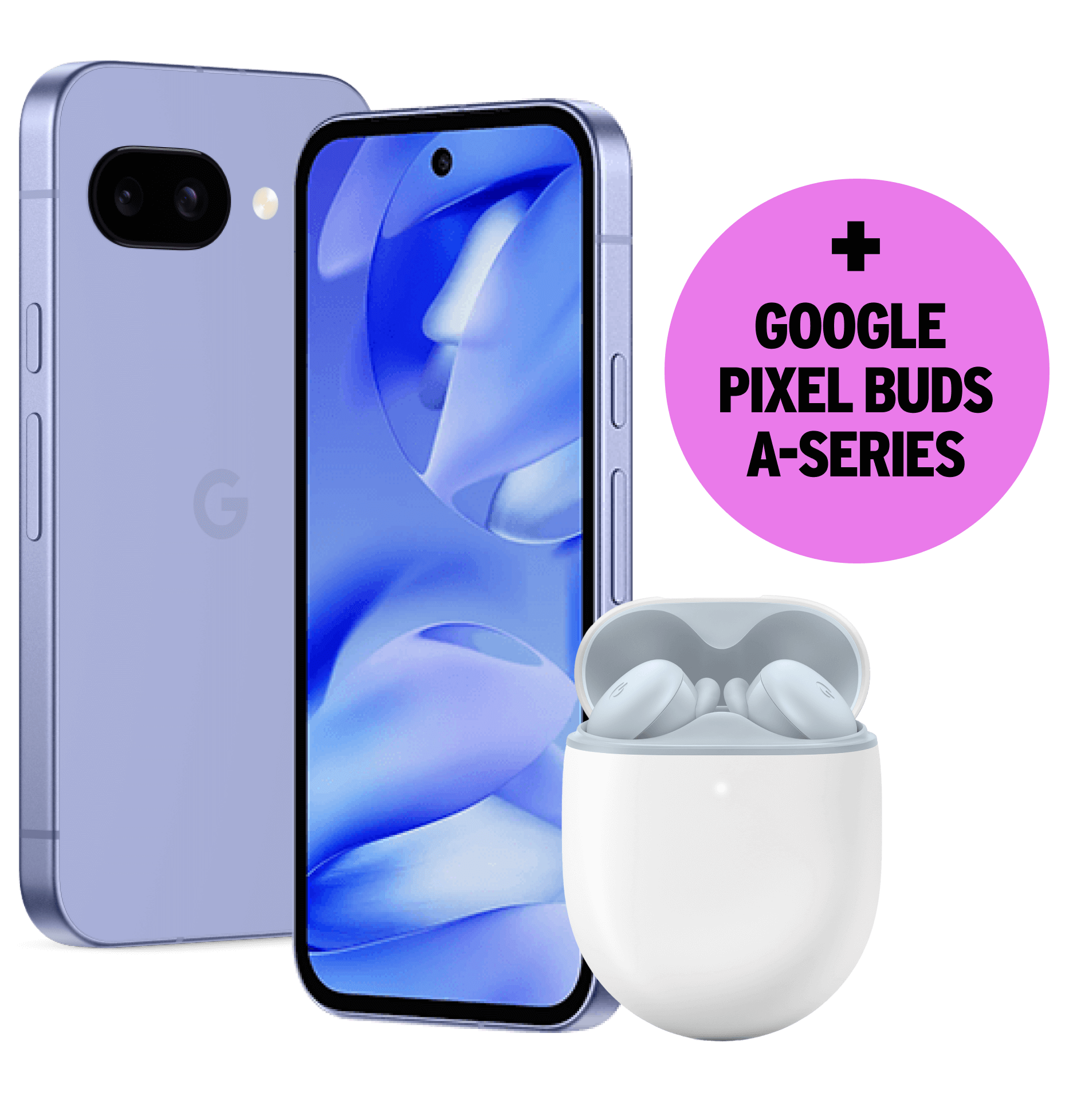 Vorder- und Rückansicht Google Pixel 9a + Google Pixel Buds A-Serie