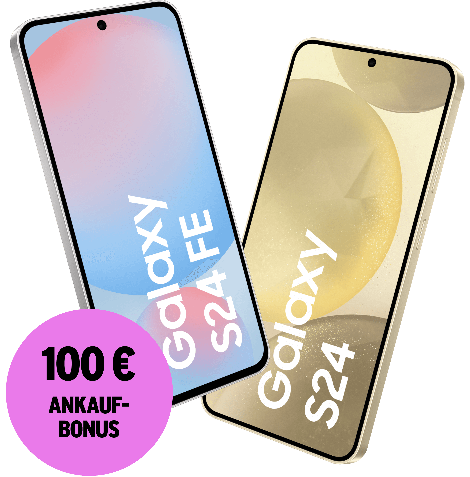Schräge Vorderansicht Samsung Galaxy S24 und S24 FE. 100 € Ankaufbonus.