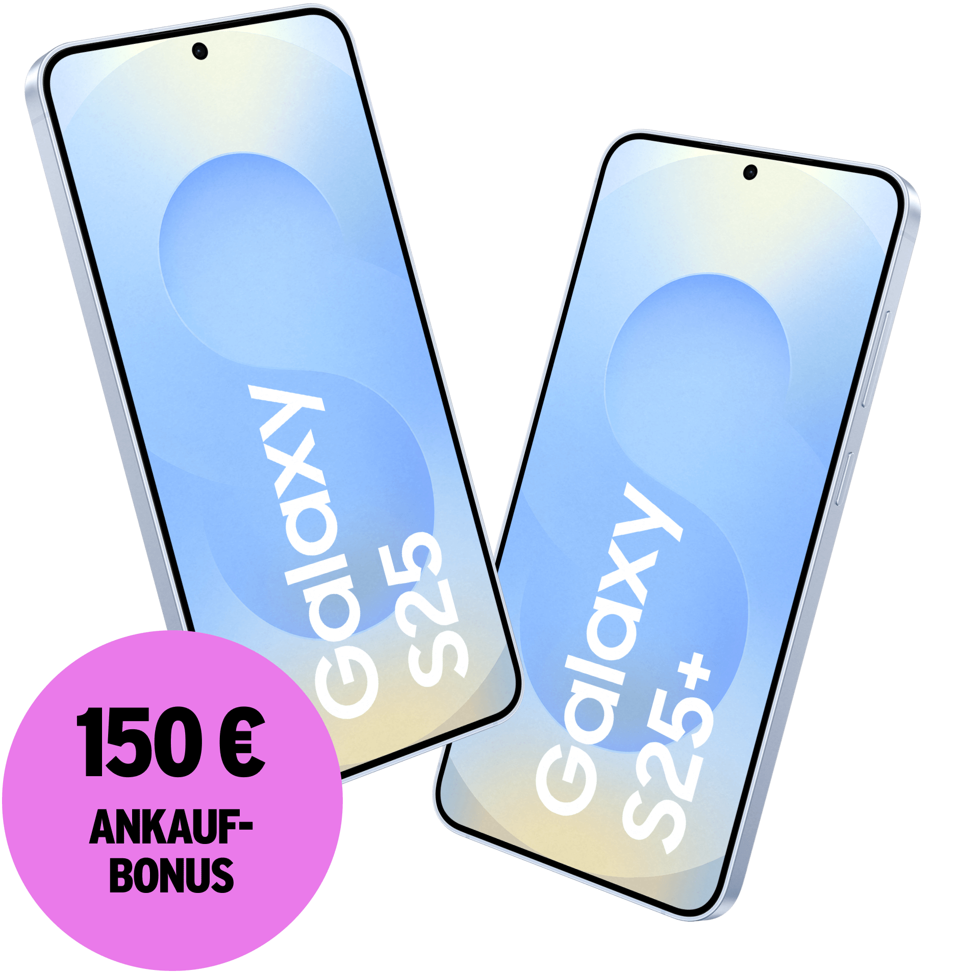 Schräge Vorderansicht Samsung Galaxy S25 und S25+. 150 € Ankaufbonus.