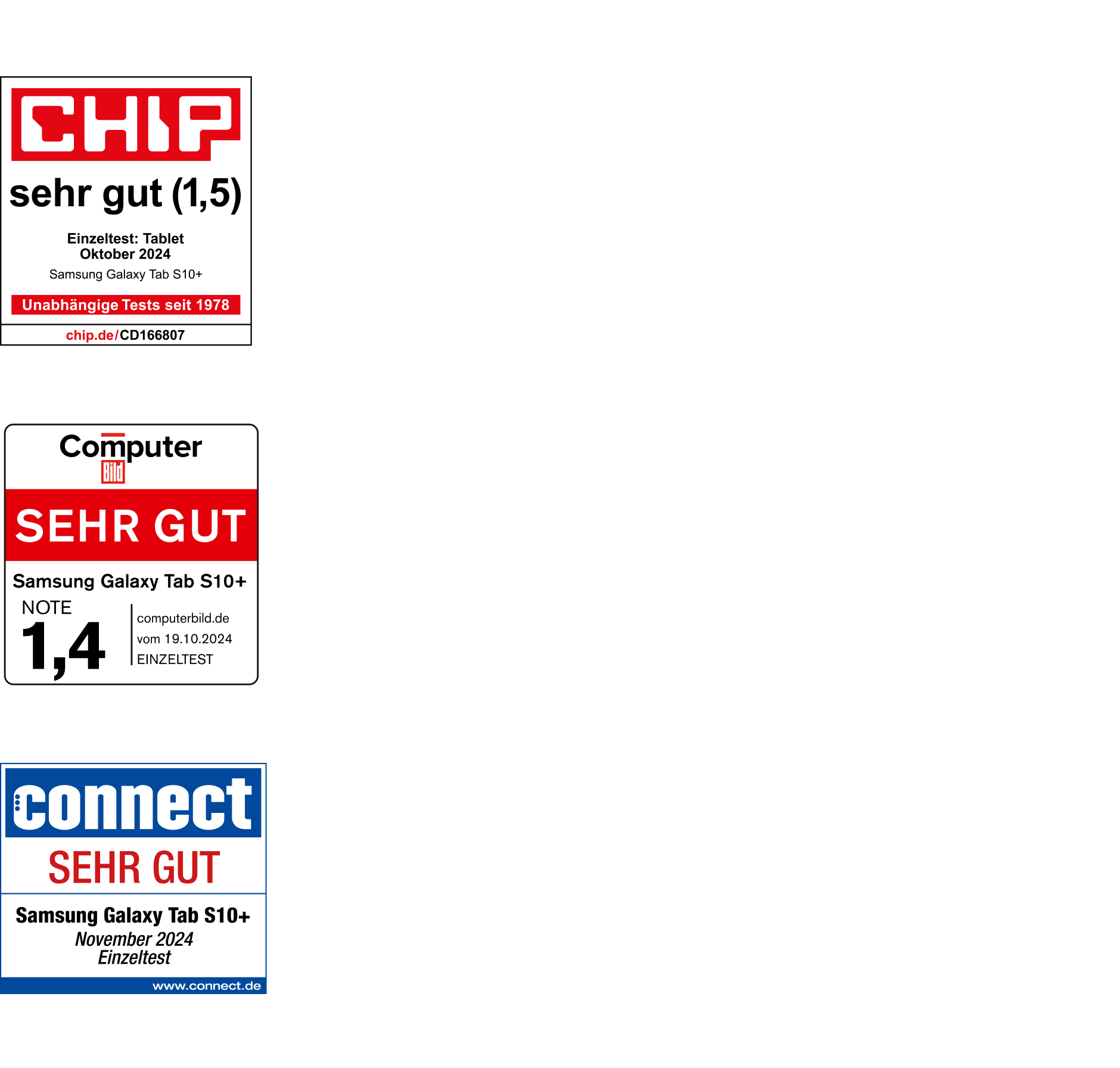 Drei Siegel von Produkttests: 1. CHIP mit Note 'sehr gut' (1,5), Oktober 2024; 2. Computer Bild mit 'sehr gut' (1,4), 19. Oktober 2024; 3. CONNECT mit Gesamtnote 'sehr gut', November 2024.