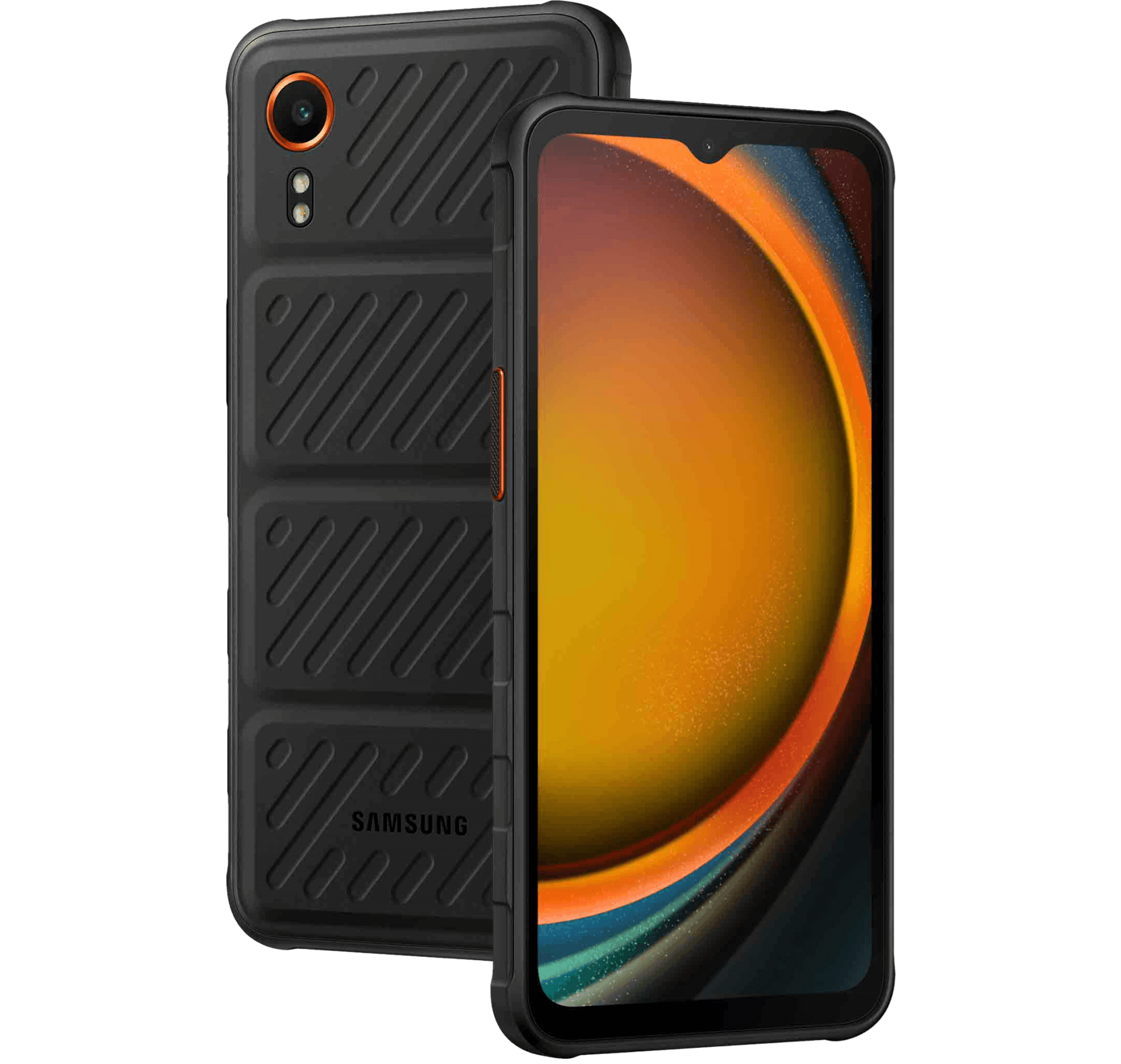 Schräge Vorder- und Rückansicht Samsung Galaxy XCover7 Schwarz.