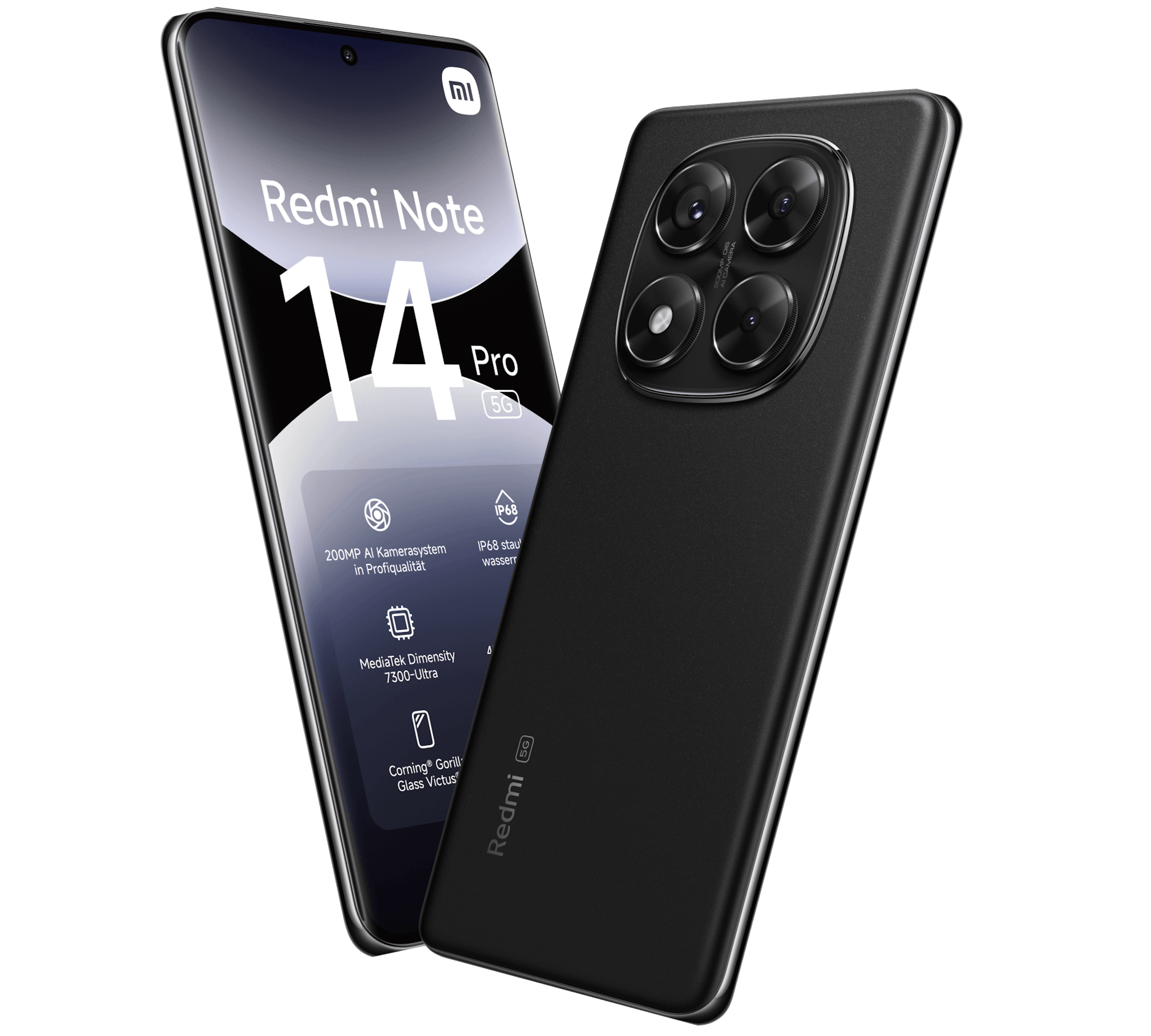 Schräge Vorder- und Rückansicht Xiaomi Redmi Note 14 Pro.