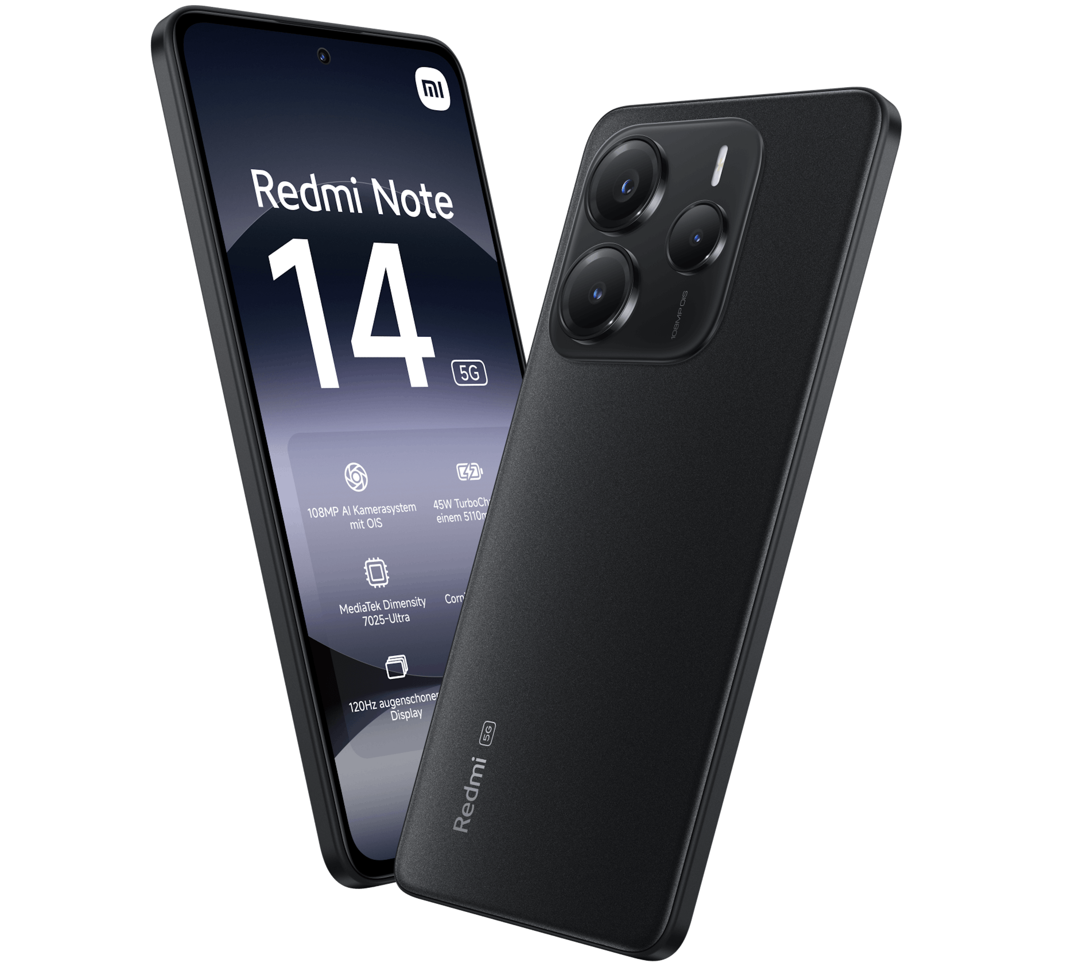 Schräge Vorder- und Rückansicht Xiaomi Redmi Note 14.
