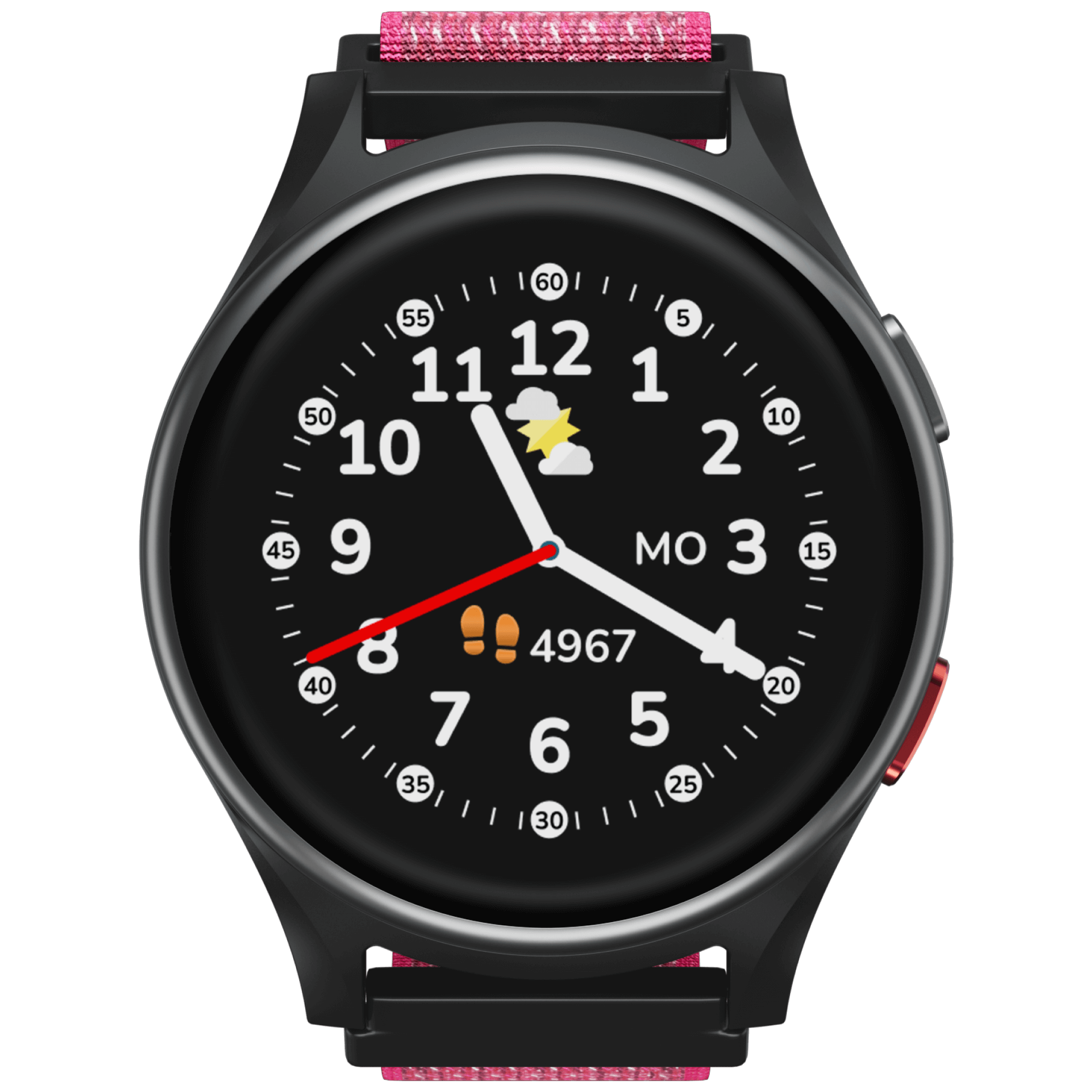 Vorderansicht Anio Kidswatch 6 Pink mit digitaler Uhranzeige.