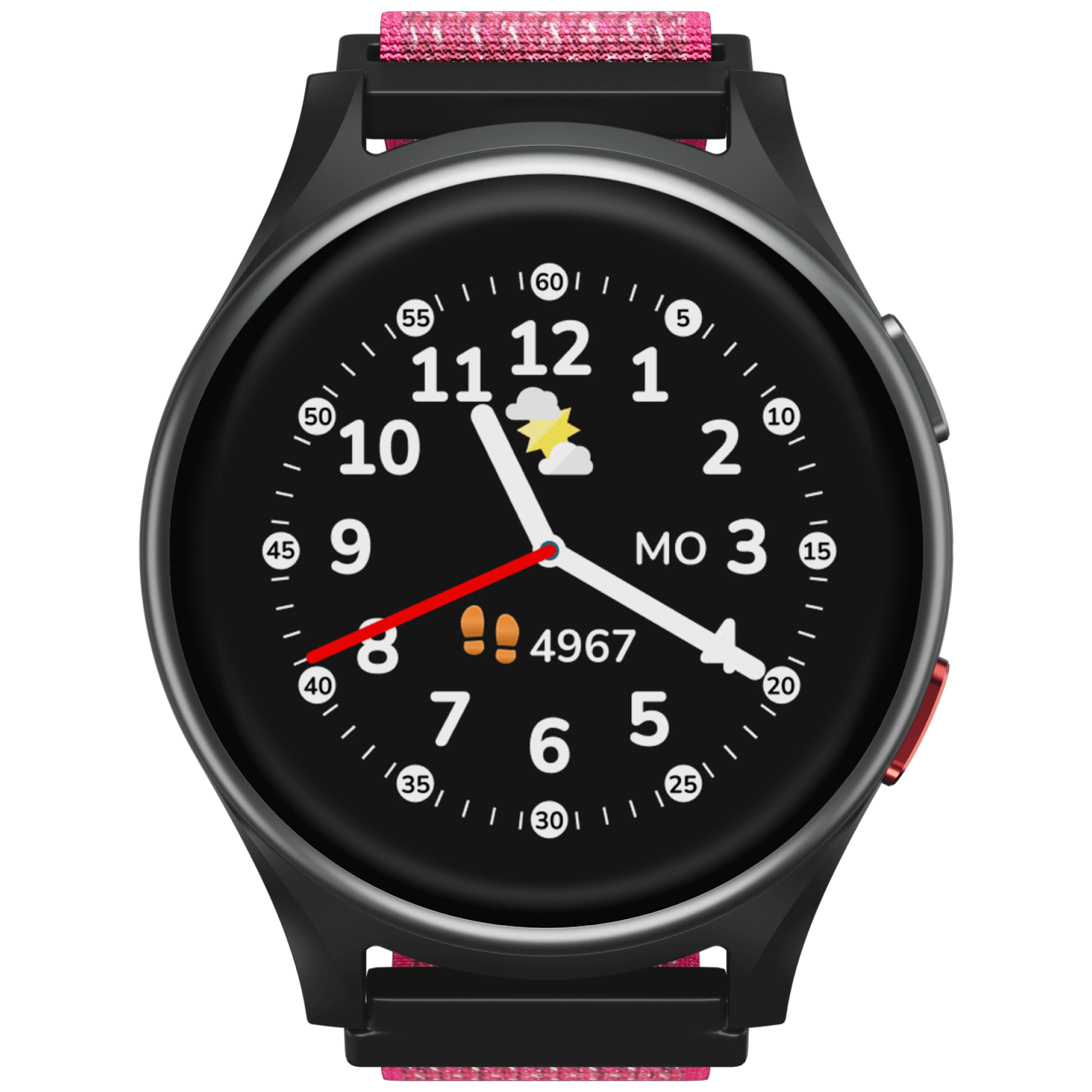 Vorderansicht Anio Kidswatch 6 Pink mit digitaler Uhranzeige.