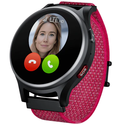 Schräge Vorderansicht Anio Kidswatch 6 Pink mit eingehendem Anruf. Schräge Vorderansicht Anio Kidswatch 6 Pink mit eingehendem Anruf.