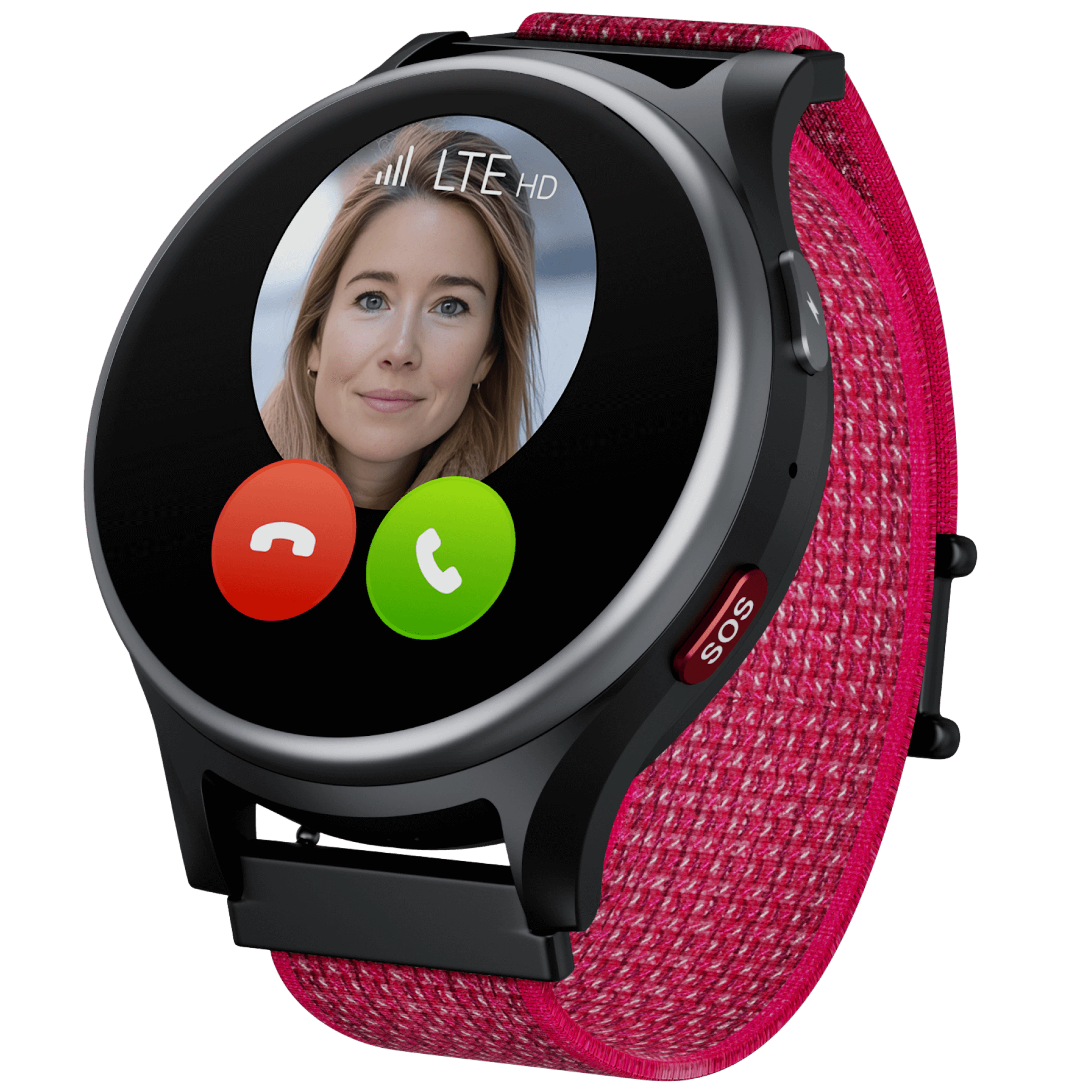 Schräge Vorderansicht Anio Kidswatch 6 Pink mit eingehendem Anruf.