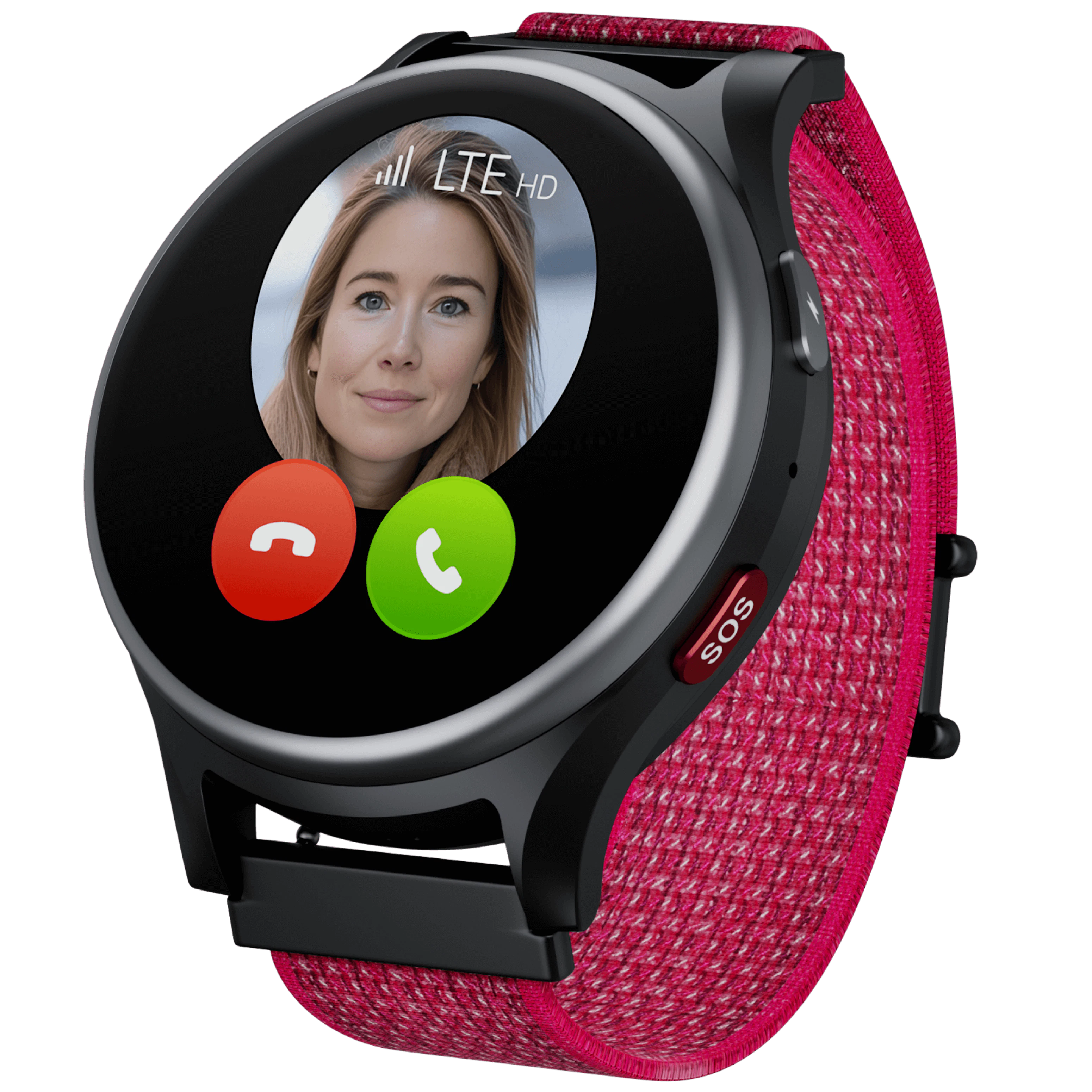 Schräge Vorderansicht Anio Kidswatch 6 Pink mit eingehendem Anruf. Schräge Vorderansicht Anio Kidswatch 6 Pink mit eingehendem Anruf.