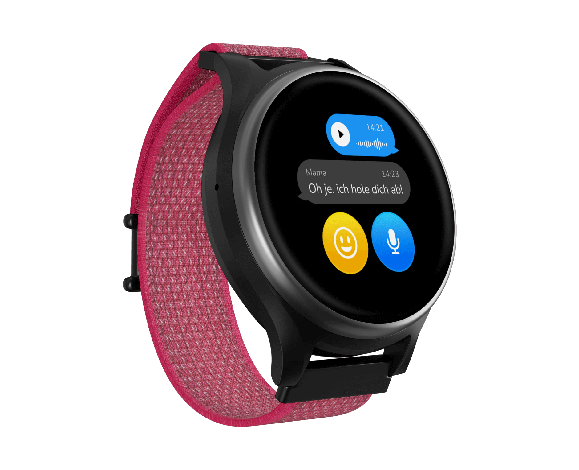 Highlight Bild vom Gerät Schräge Vorderansicht Anio Kidswatch 6 Pink mit geöffnetem Chat.