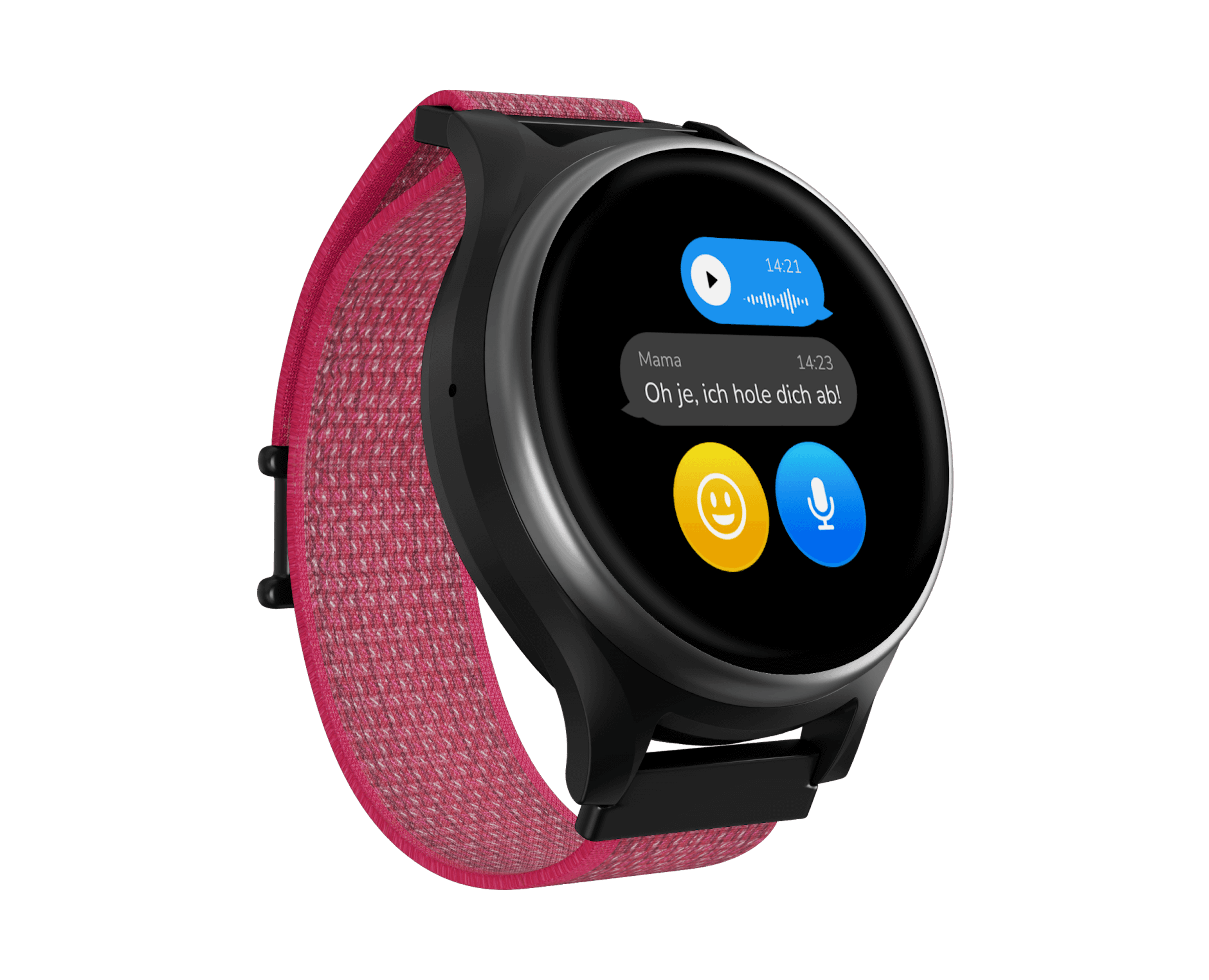 Schräge Vorderansicht Anio Kidswatch 6 Pink mit geöffnetem Chat.