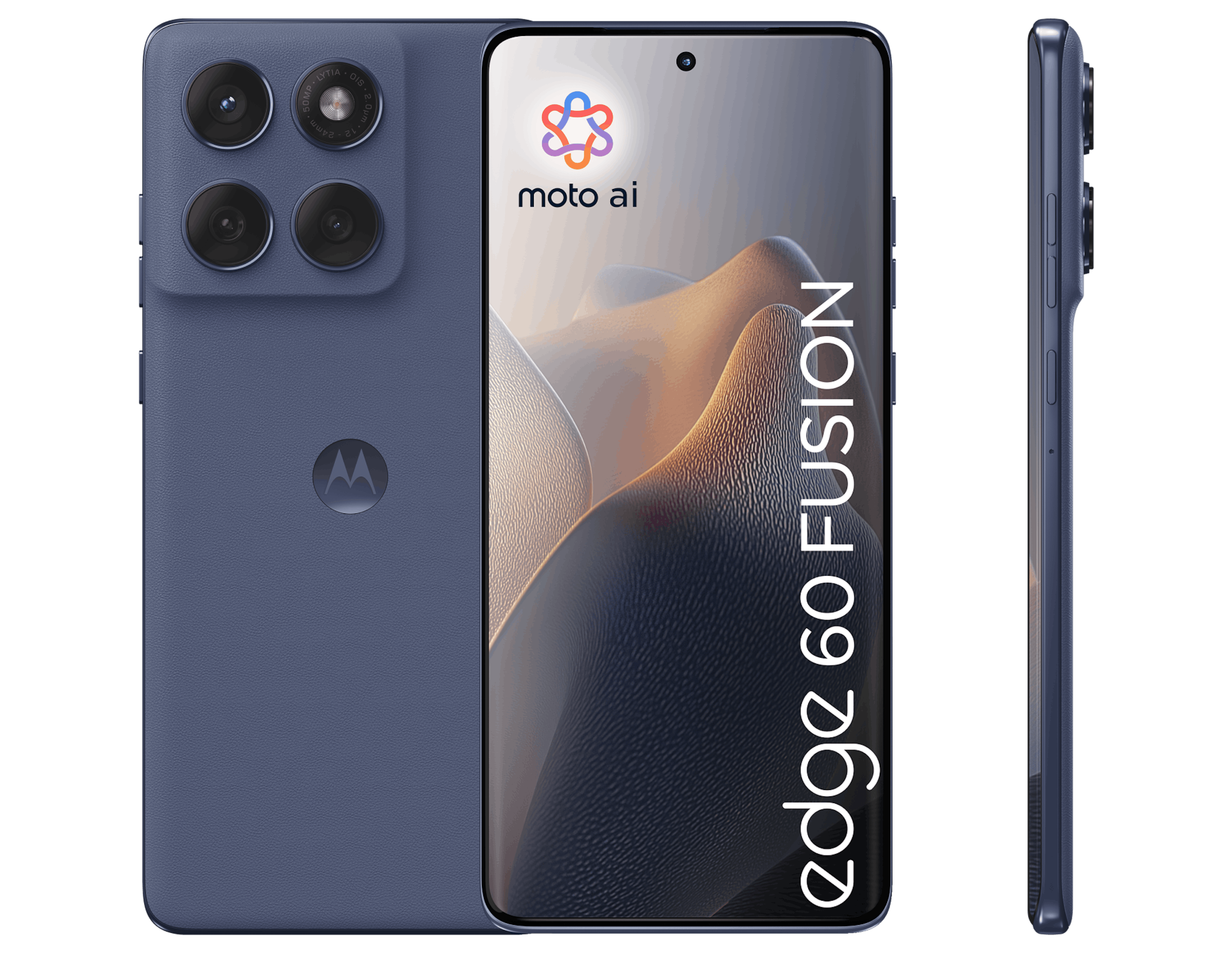 Highlight Bild vom Gerät Vorder-, Rück- und Seitenansicht Motorola Edge 60 Fusion Dunkelblau.
