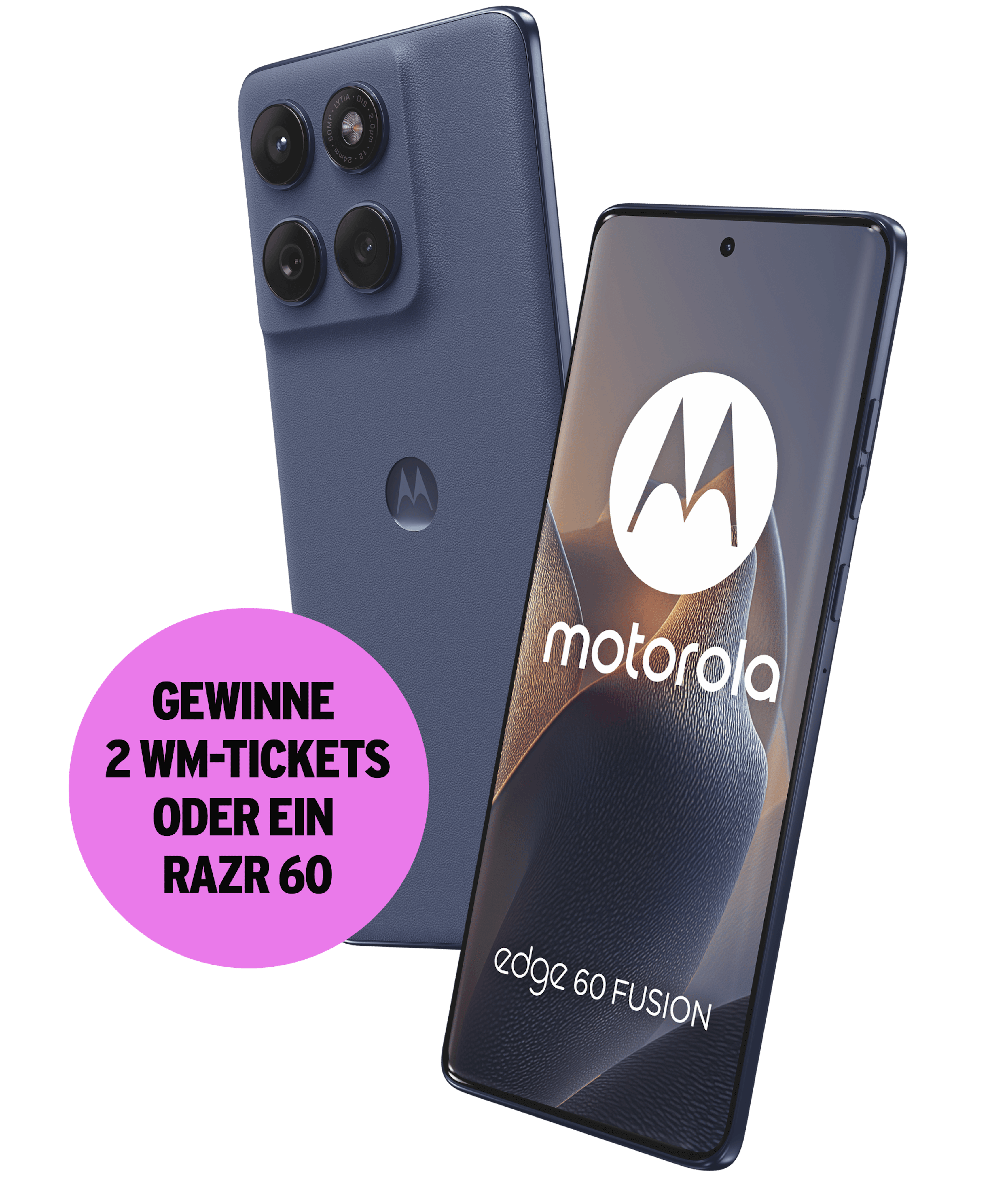 Schräge Vorder- und Rückansicht Motorola Edge 60 Fusion Dunkelblau. Gewinne 2 WM-Tickets oder ein razr 60.