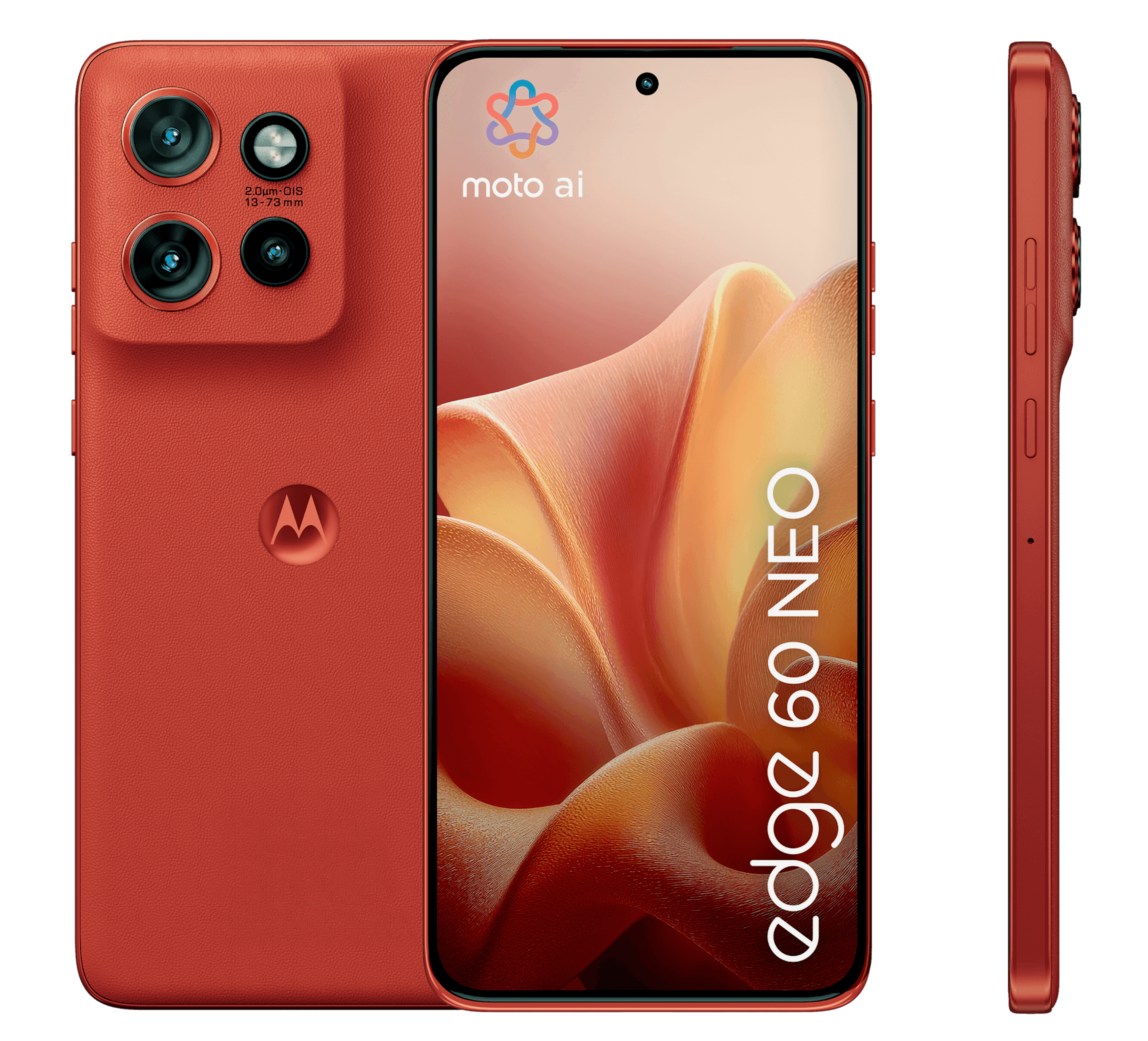 Vorder-, Rück- und Seitenansicht Motorola 60 Neo in Poinciana.