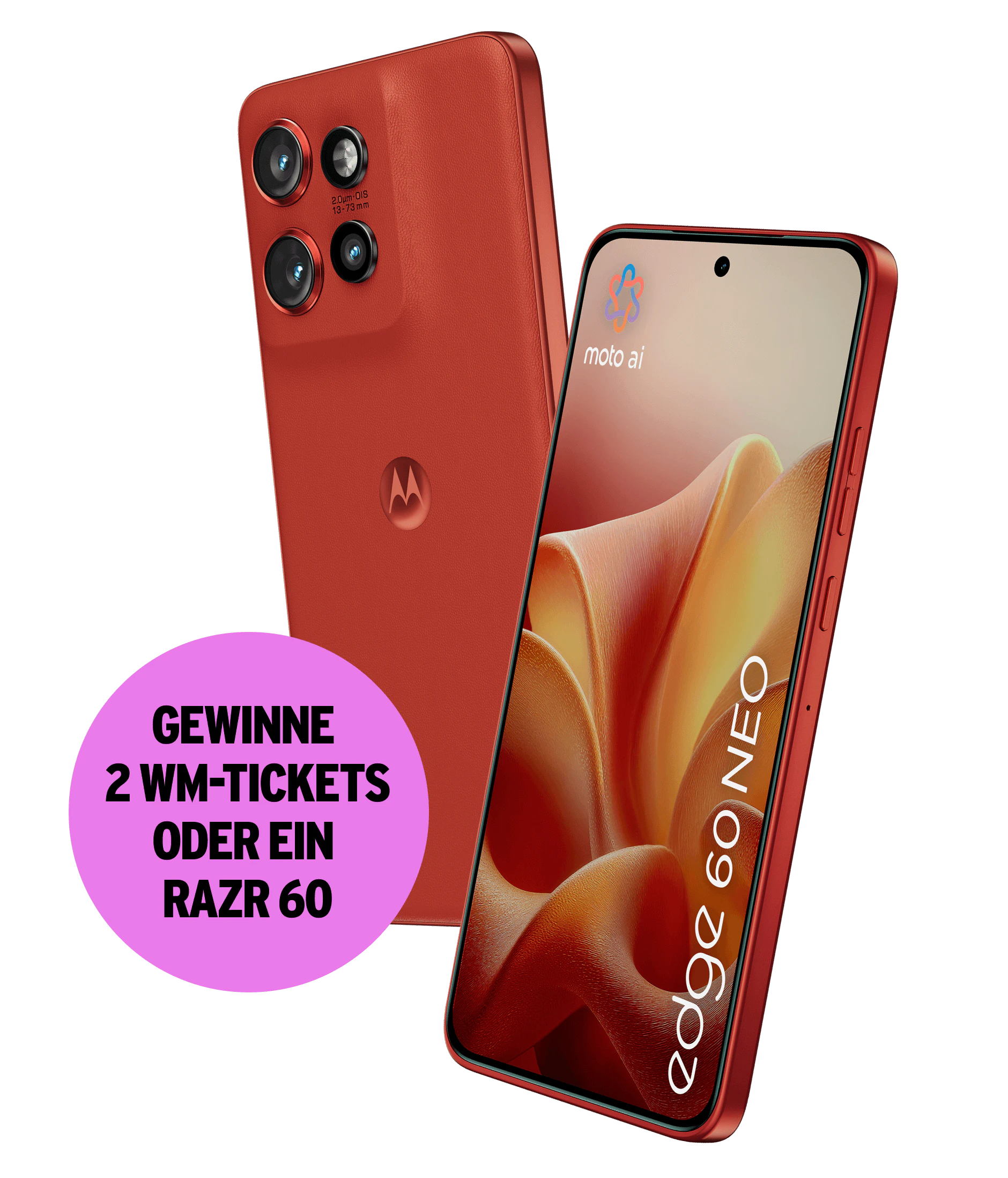 Highlight Bild vom Gerät Schräge Vorder- und Rückansicht Motorola 60 Neo in Poinciana. Gewinne 2 WM-Tickets oder ein razr 60.