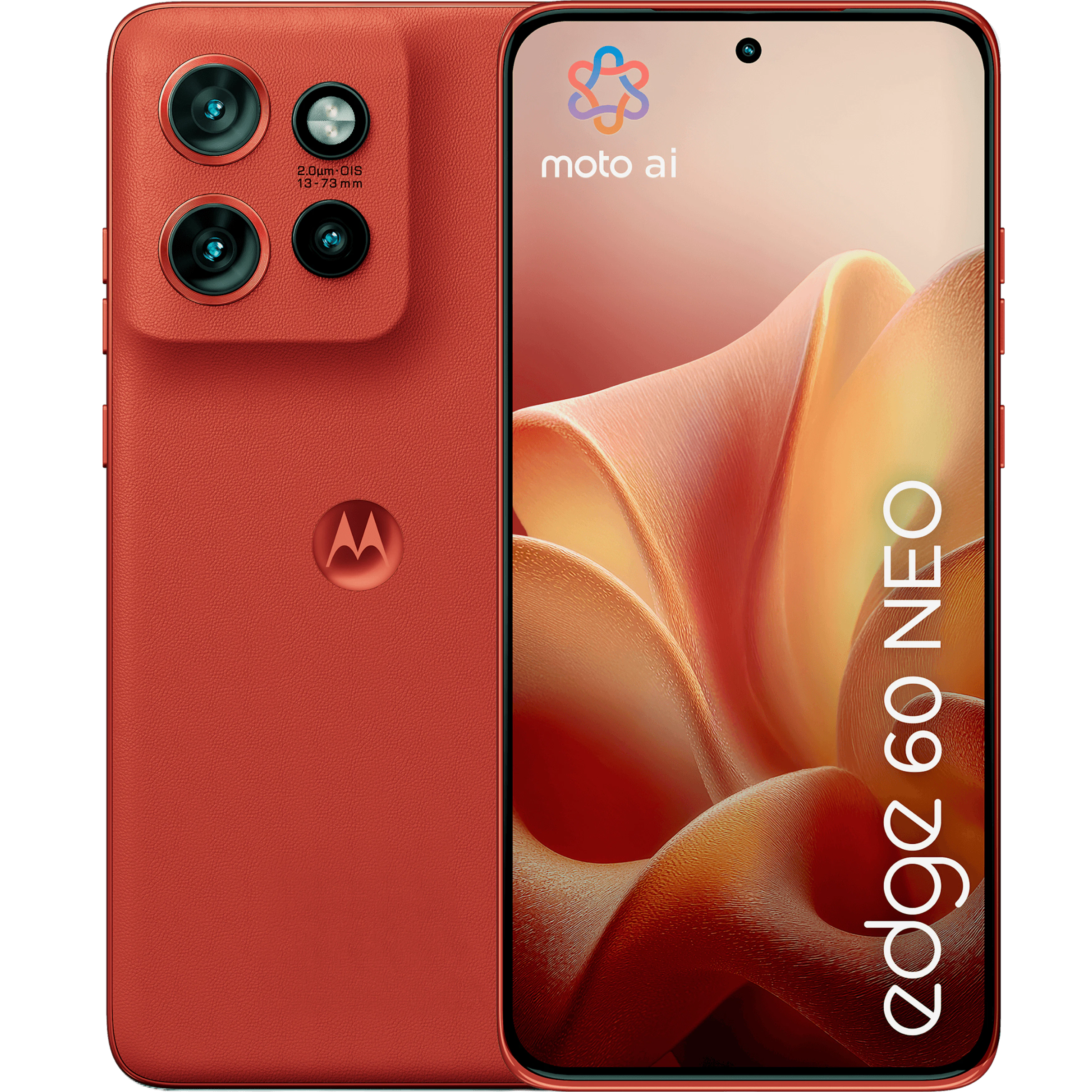 Vorder- und Rückansicht Motorola 60 Neo in Poinciana.