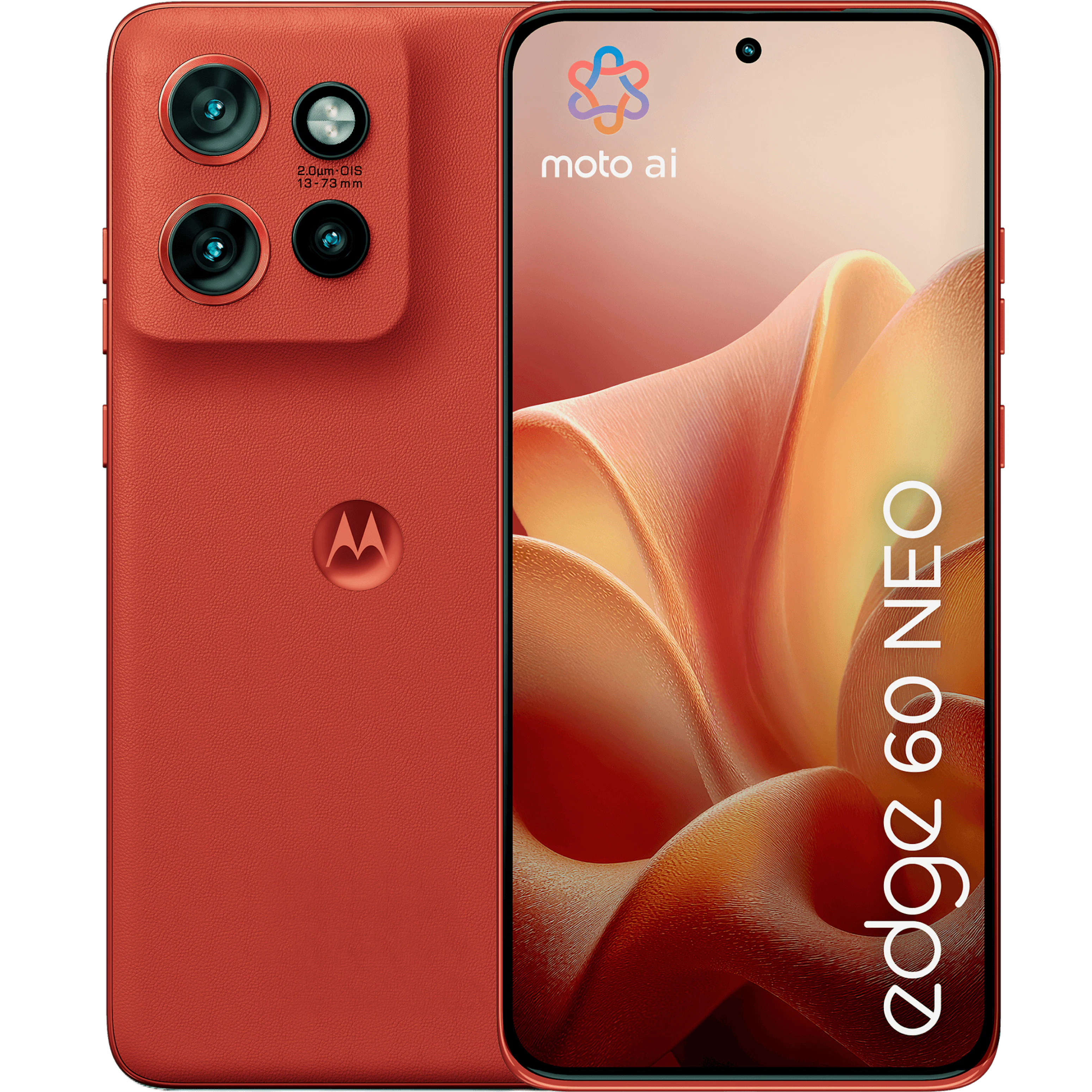 Vorder- und Rückansicht Motorola 60 Neo in Poinciana.