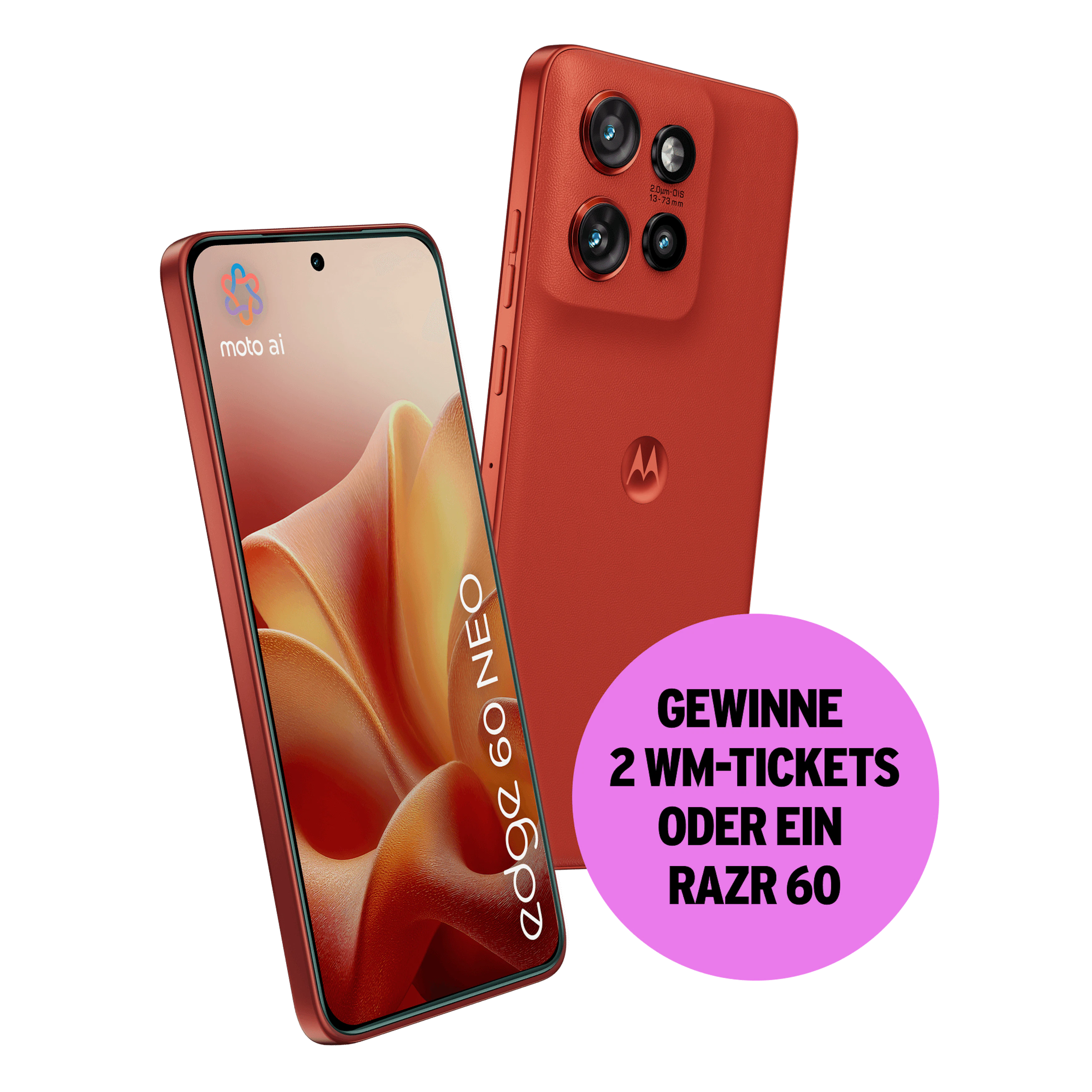 Schräge Vorder- und Rückansicht Motorola 60 Neo in Poinciana. Gewinne 2 WM-Tickets oder ein razr 60.