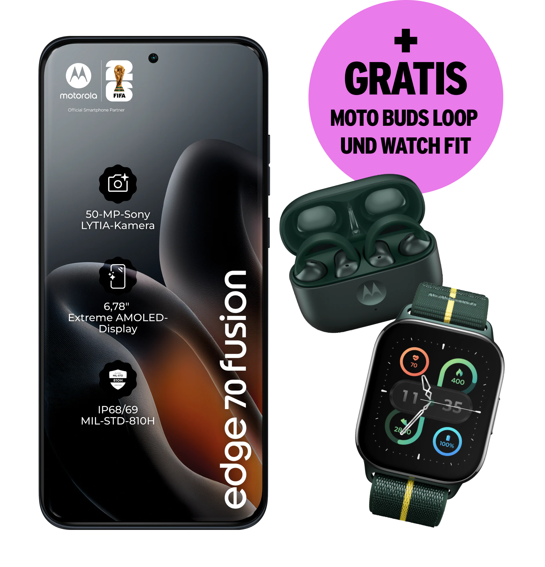 Vorderansicht Motorola Edge 70 Fusion in der Farbe Silhouette mit moto buds loop und watch fit. Pinker Störer: Plus gratis moto buds loop und watch fit.
