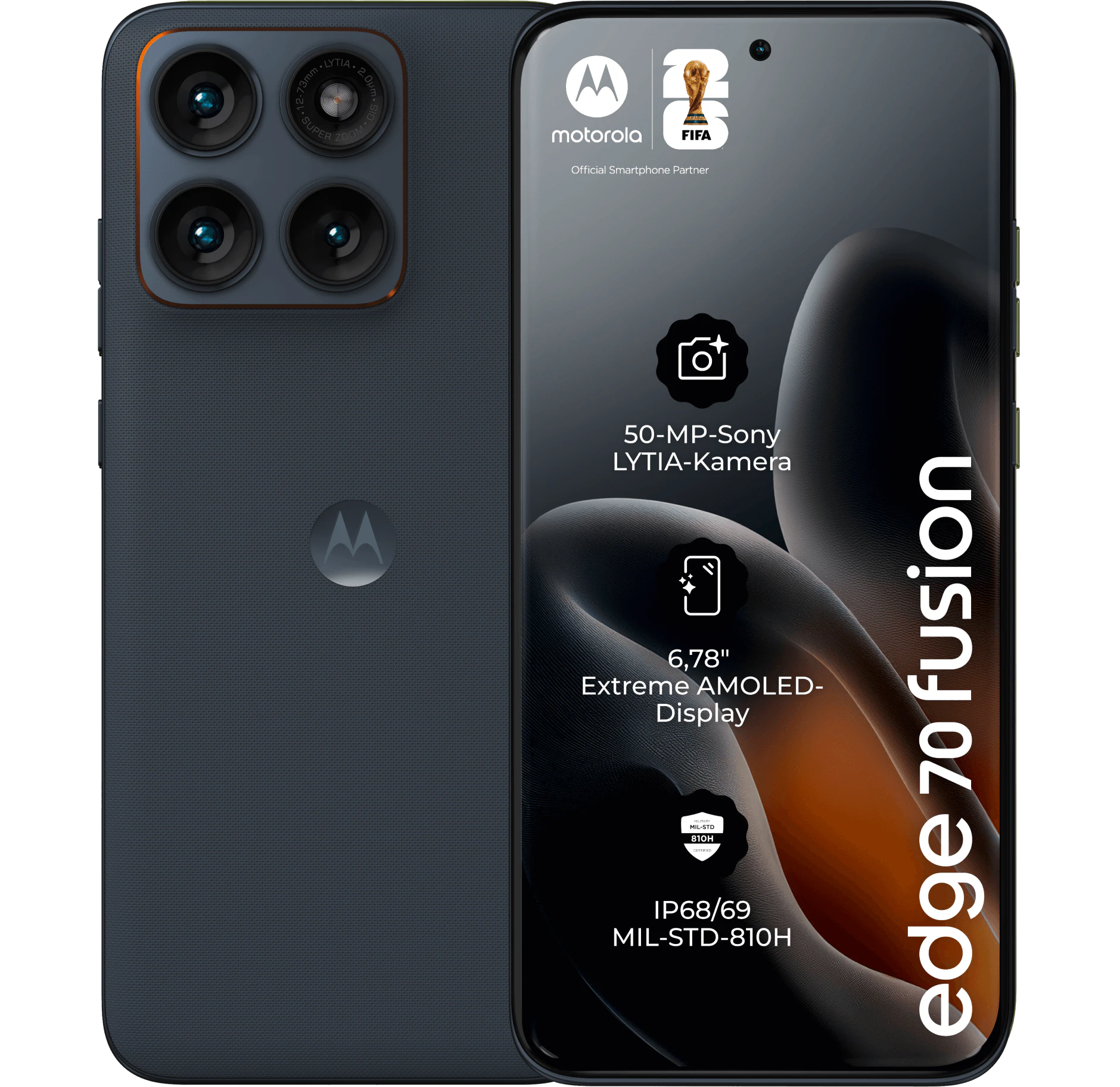 Rück- und Vorderansicht Motorola Edge 70 Fusion in der Farbe Silhouette. Wie Neu.