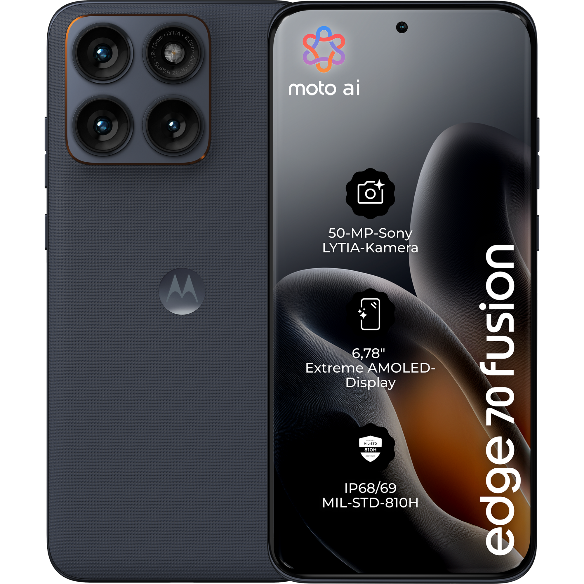 Rück- und Vorderansicht Motorola Edge 70 Fusion in der Farbe Silhouette.
