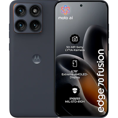 Rück- und Vorderansicht Motorola Edge 70 Fusion in der Farbe Silhouette.