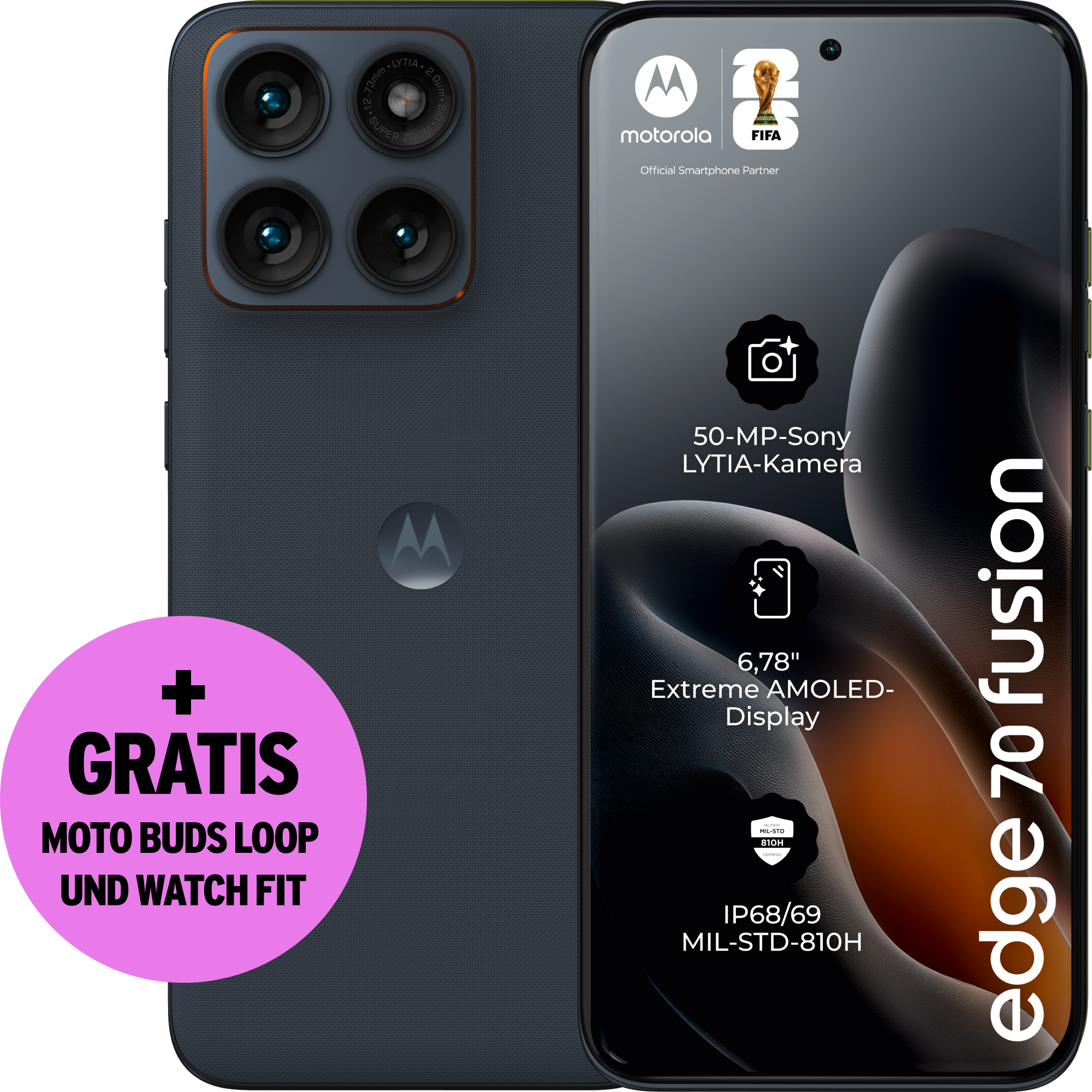 Rück- und Vorderansicht Motorola Edge 70 Fusion in der Farbe Silhouette. Plus gratis moto buds loop und watch fit.