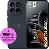 Rück- und Vorderansicht Motorola Edge 70 Fusion in der Farbe Silhouette. Plus gratis moto buds loop und watch fit.