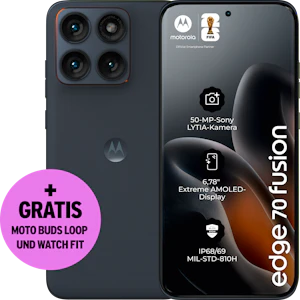 Rück- und Vorderansicht Motorola Edge 70 Fusion in der Farbe Silhouette. Plus gratis moto buds loop und watch fit.