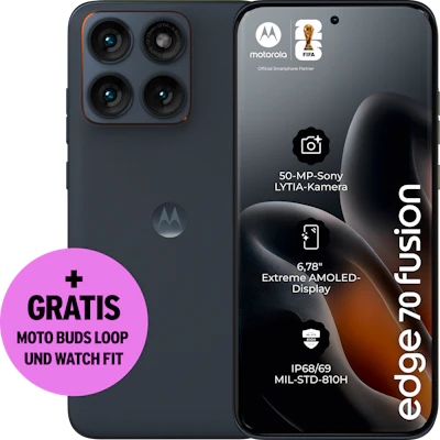 Rück- und Vorderansicht Motorola Edge 70 Fusion in der Farbe Silhouette. Plus gratis moto buds loop und watch fit.