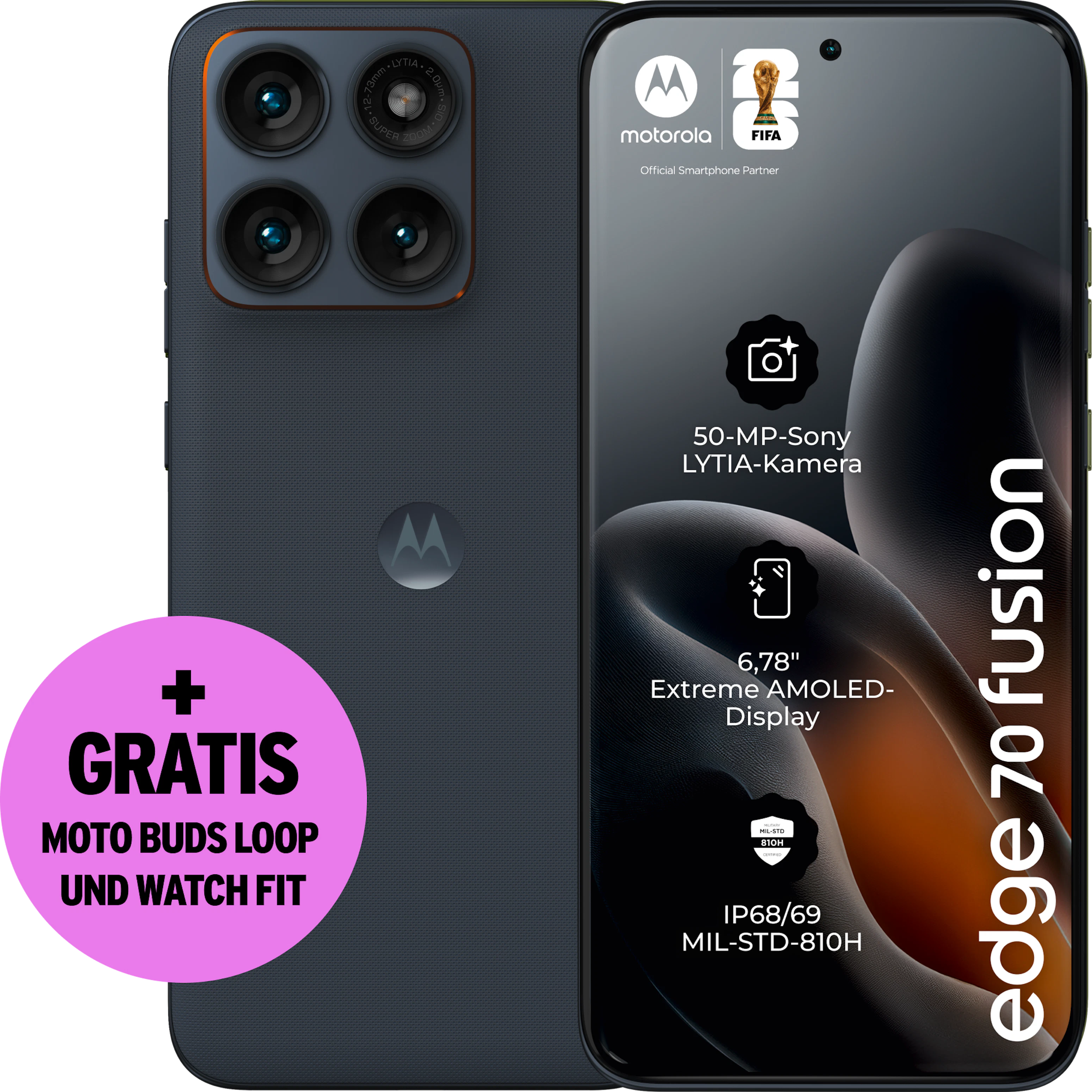 Rück- und Vorderansicht Motorola Edge 70 Fusion in der Farbe Silhouette. Plus gratis moto buds loop und watch fit.