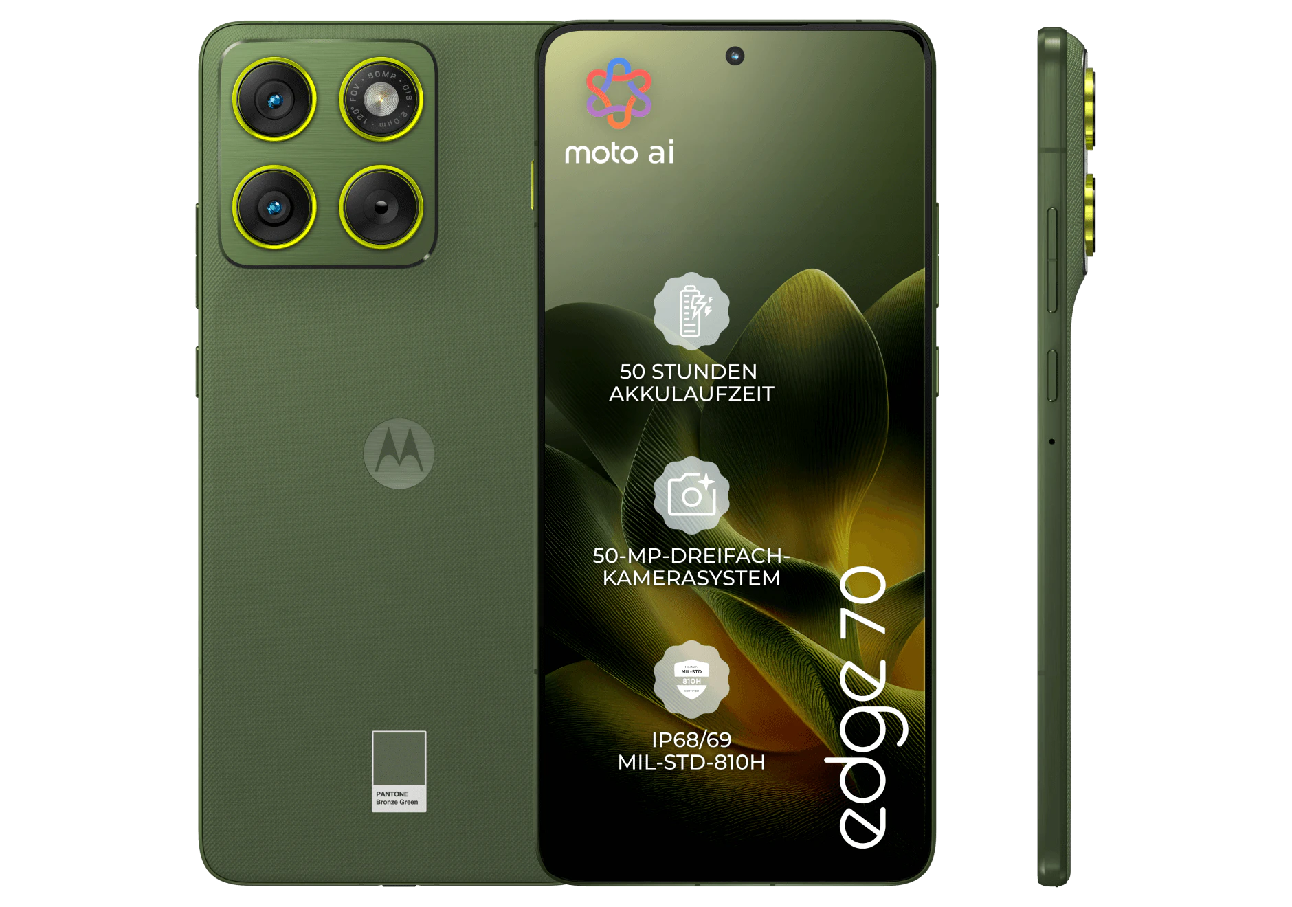 Vorder-, Rück- und Seitenansicht Motorola Edge 70.