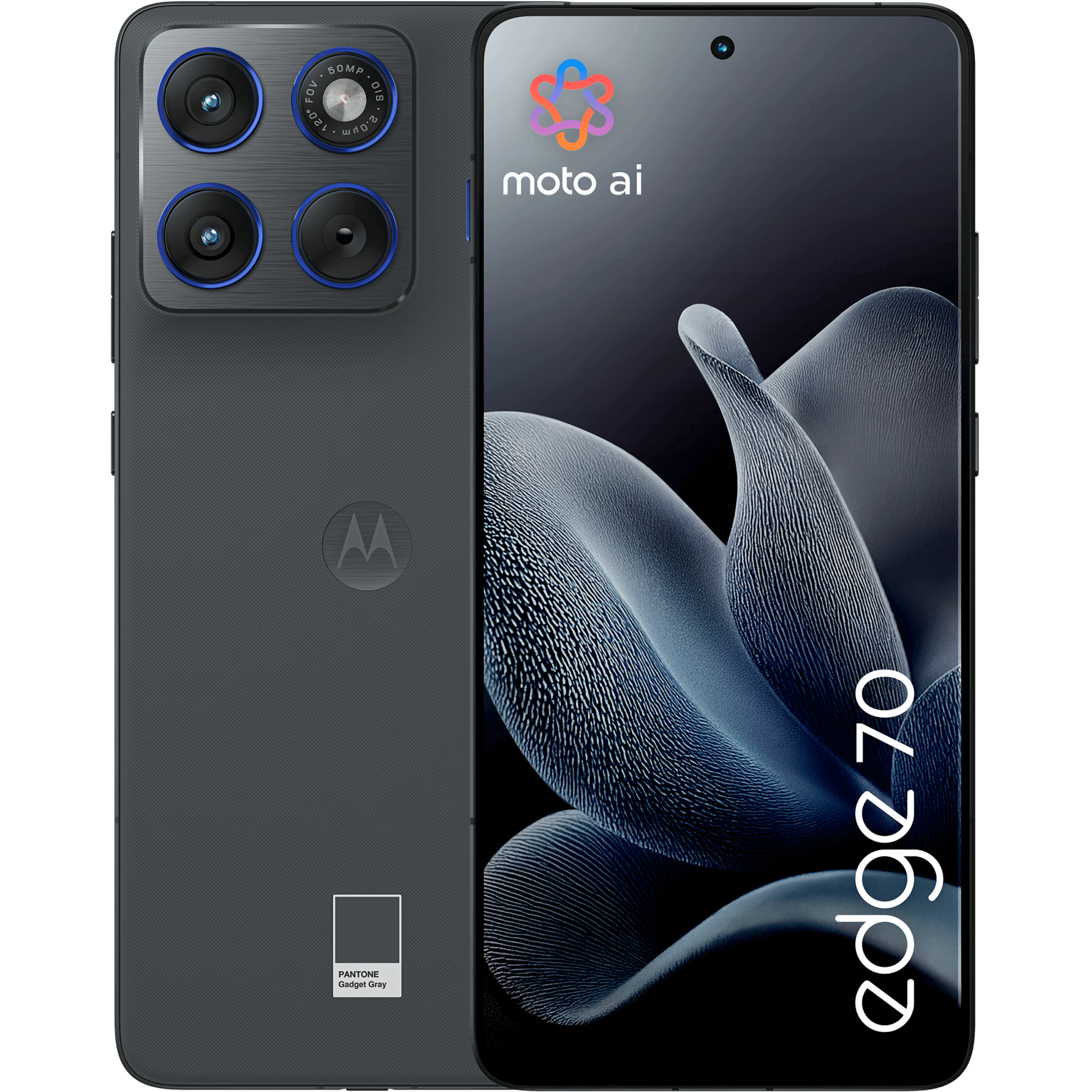 Vorder- und Rückansicht Motorola Edge 70 in Dunkelgrau.