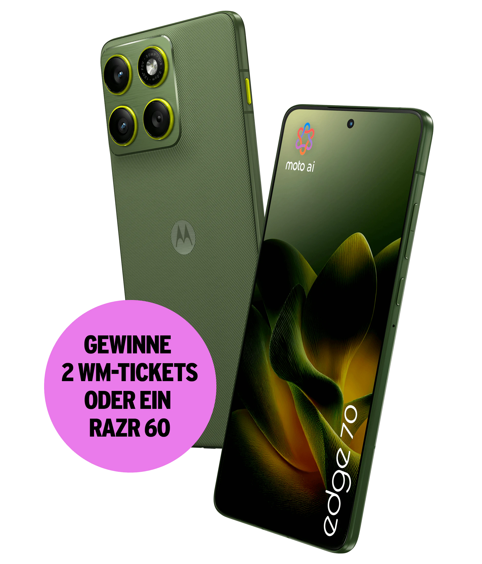Schräge Vorder- und Rückansicht Motorola Edge 70 in Dunkelgrün. Gewinne 2 WM-Tickets oder ein razr 60.
