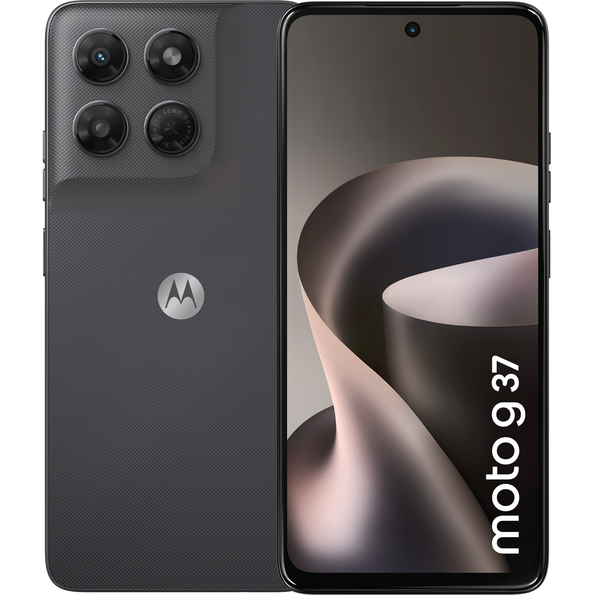 Motorola Moto G 37 in Schwarz/Grau, Vorder- und Rückseite nebeneinander.