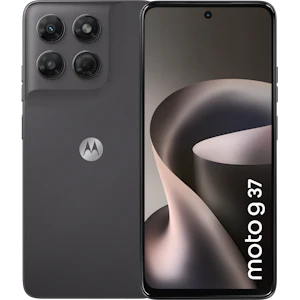 Motorola Moto G 37 in Schwarz/Grau, Vorder- und Rückseite nebeneinander.