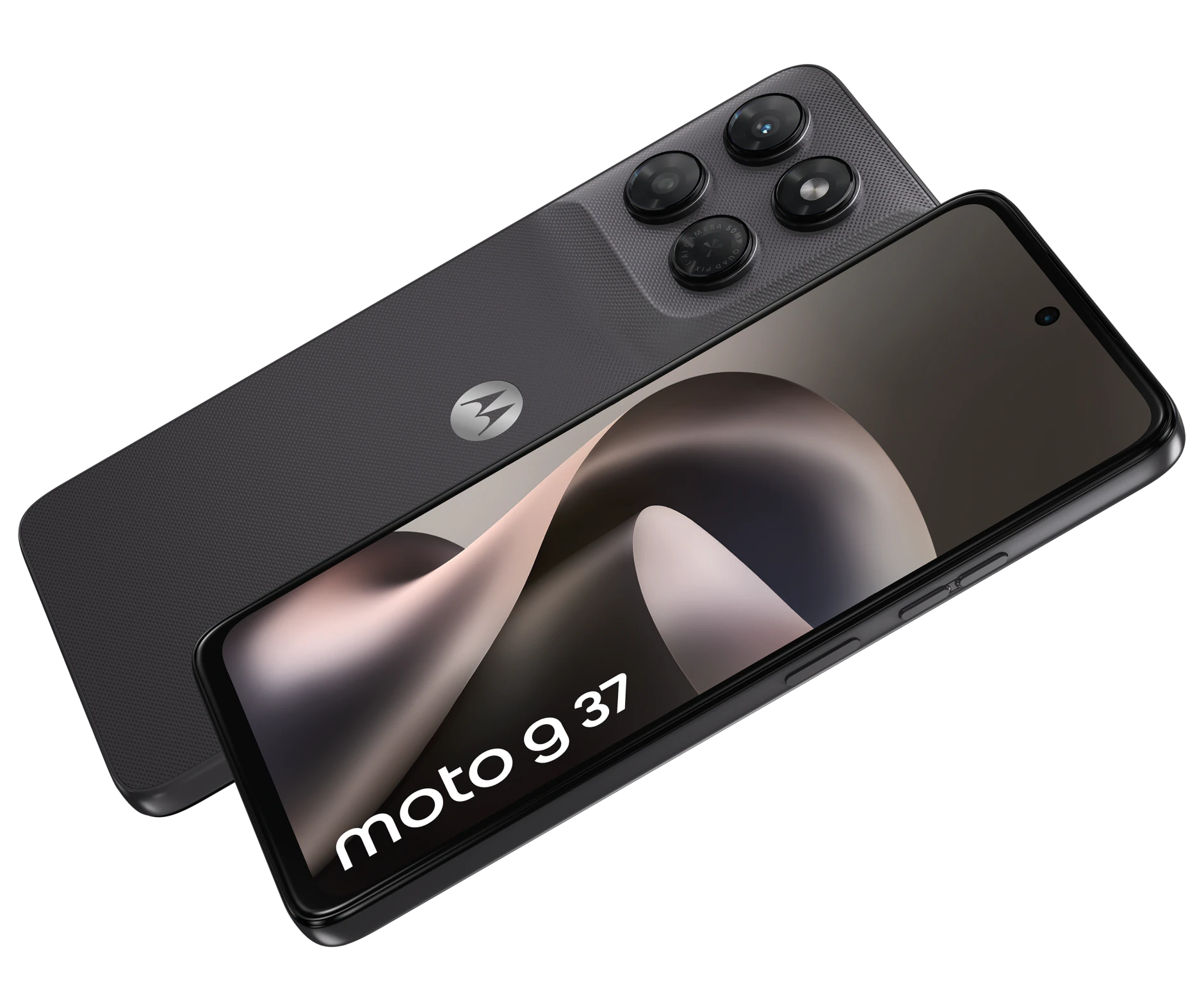 Motorola Moto G 37 diagonal aufgestellt, Rückseite mit Kamera und Display sichtbar.