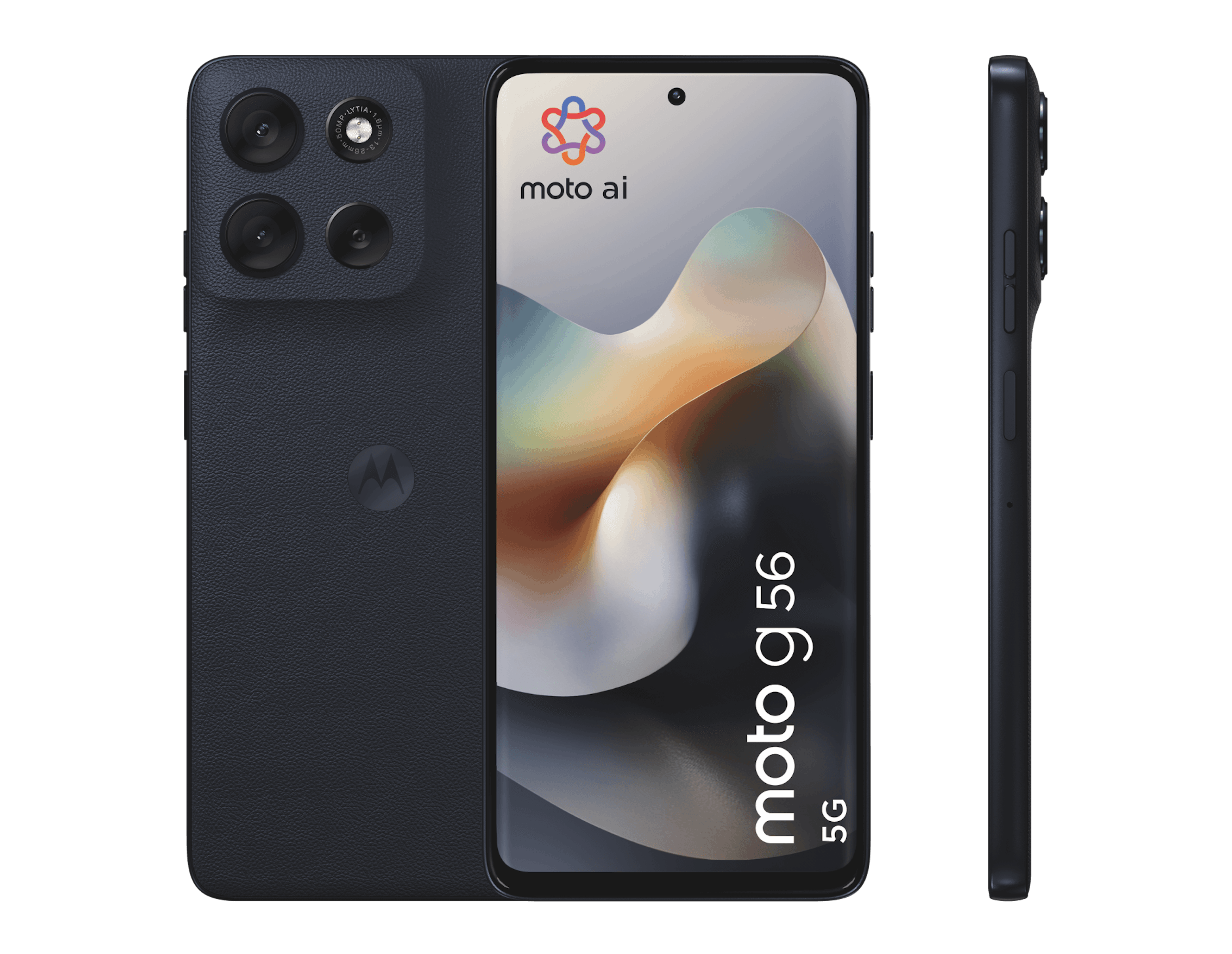 Vorder-, Rück- und Seitenansicht Motorola Moto G56 5g Schwarz.