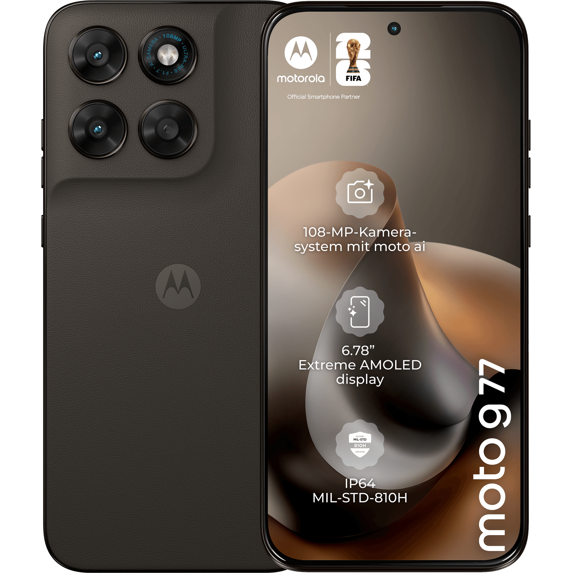 Rück- und Vorderansicht moto g77 in der Farbe Black Olive.