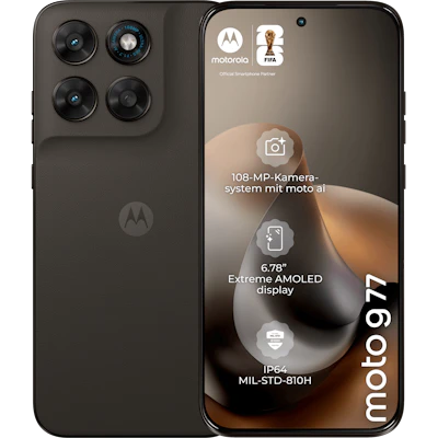 Rück- und Vorderansicht moto g77 in der Farbe Black Olive.