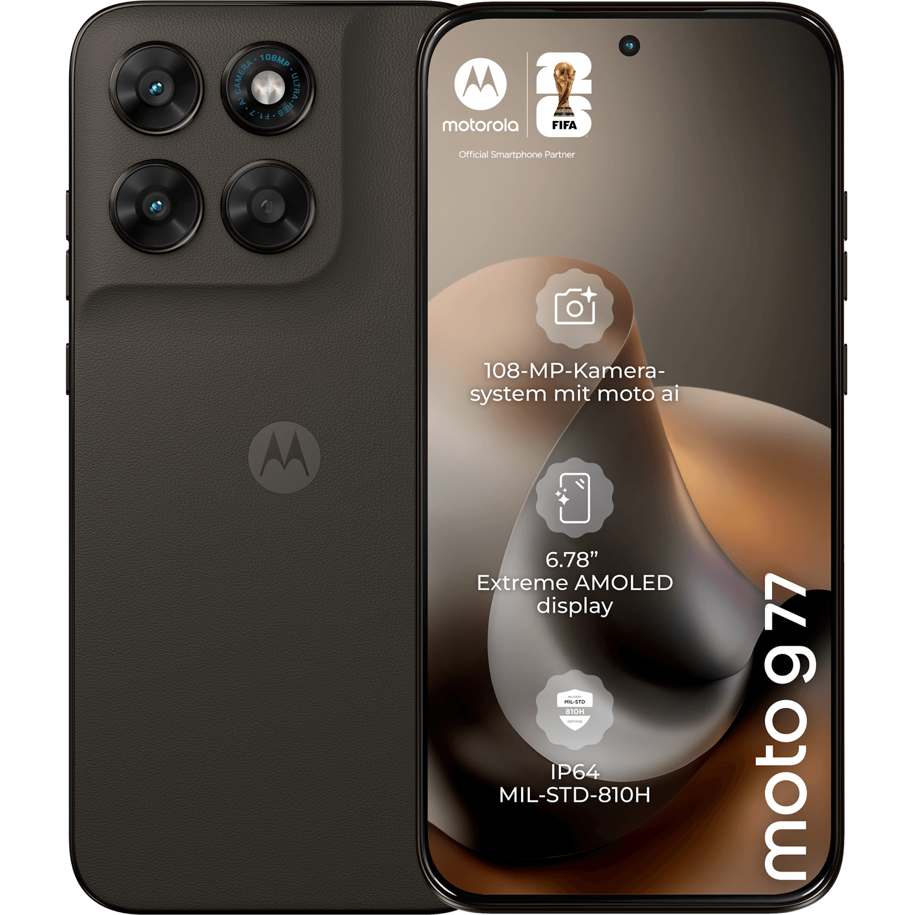 Rück- und Vorderansicht moto g77 in der Farbe Black Olive.