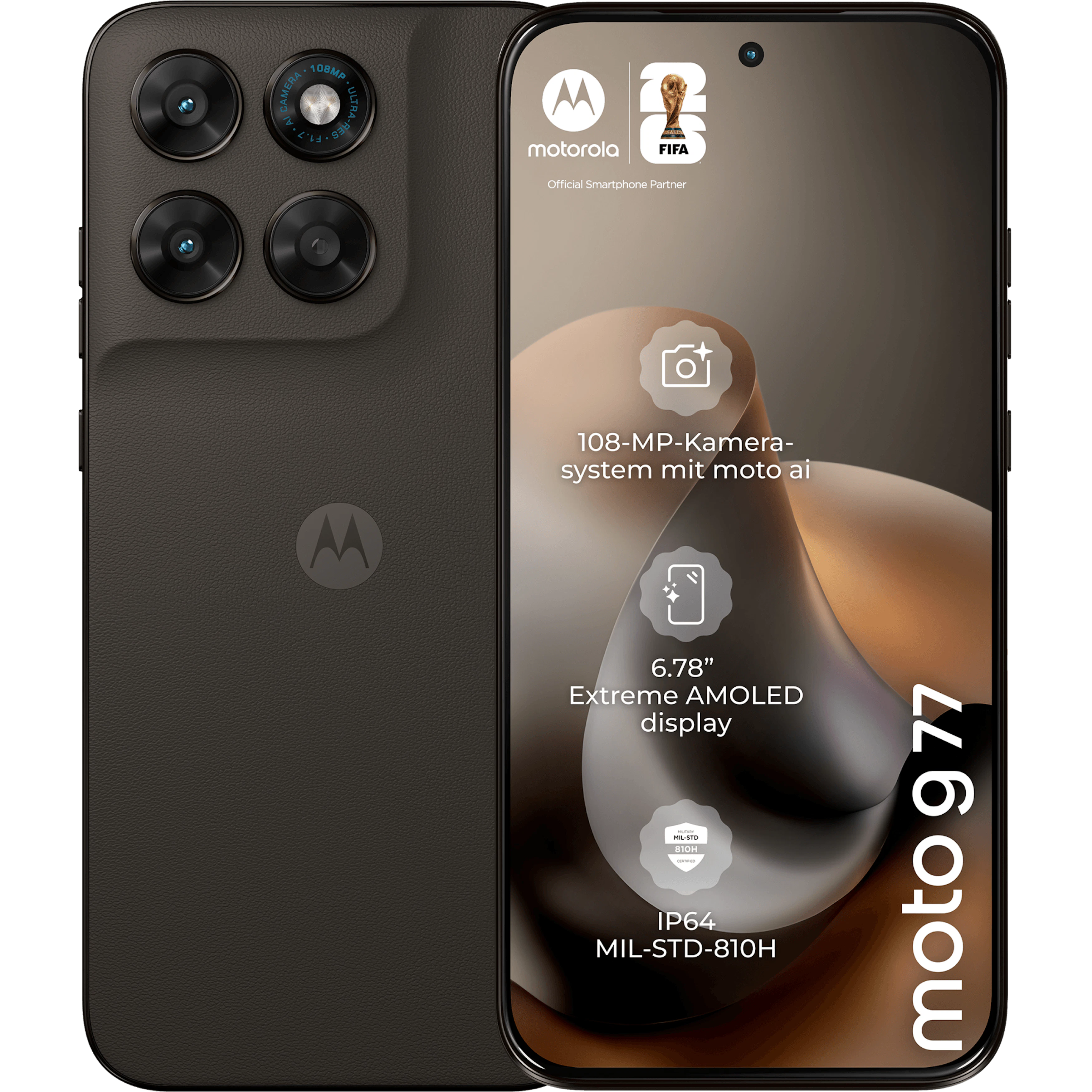 Rück- und Vorderansicht moto g77 in der Farbe Black Olive.