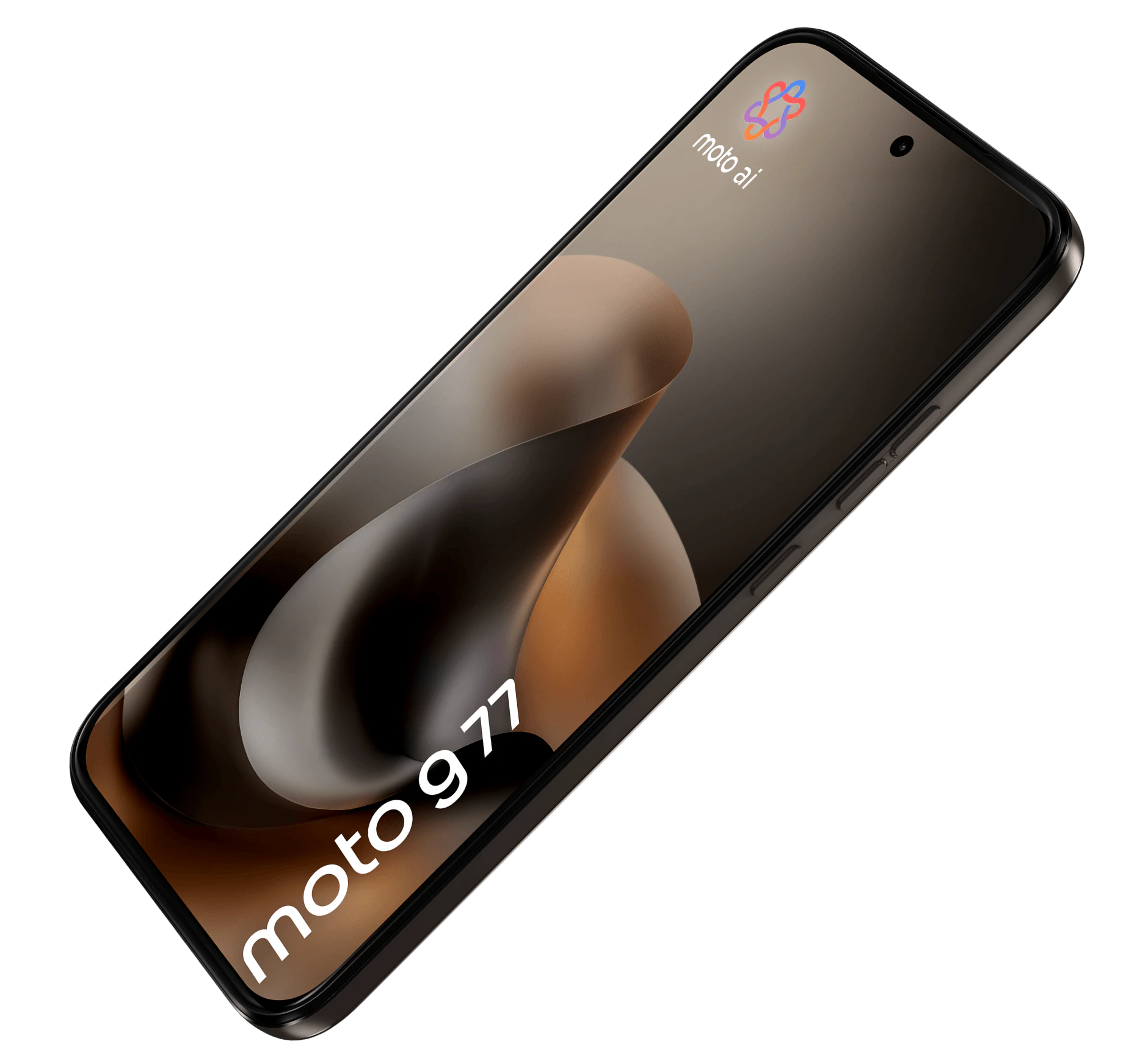 Angeschrägte Vorderansicht moto g77 in der Farbe Black Olive.